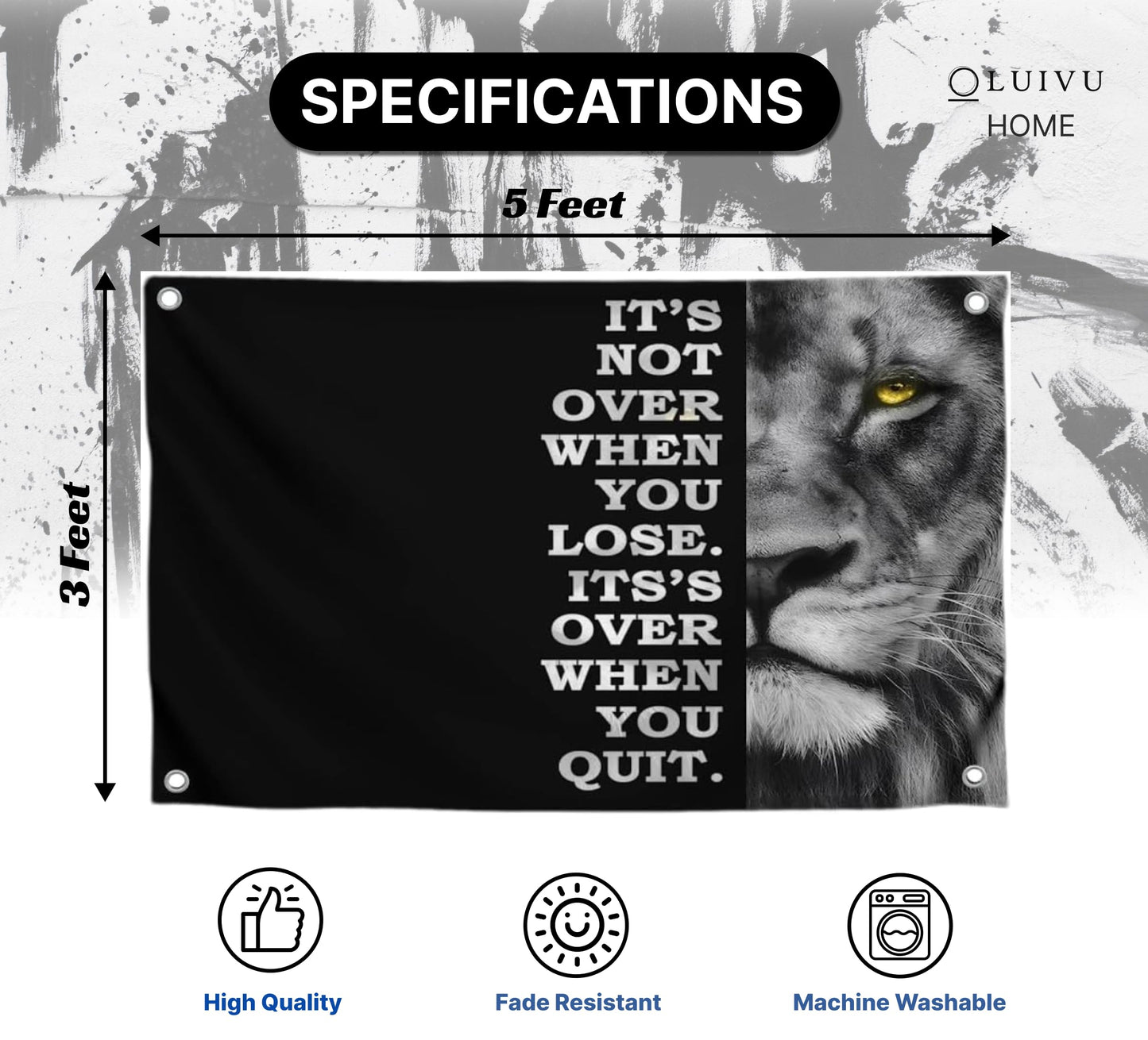 3x5 Feet Motivational Lion Wall Art with Four Brass Grommets - Cool Motivational Inspirational Poster for Men and Woomen - Quote Flags Its Not Over When You Lose. Its Over When You Quit