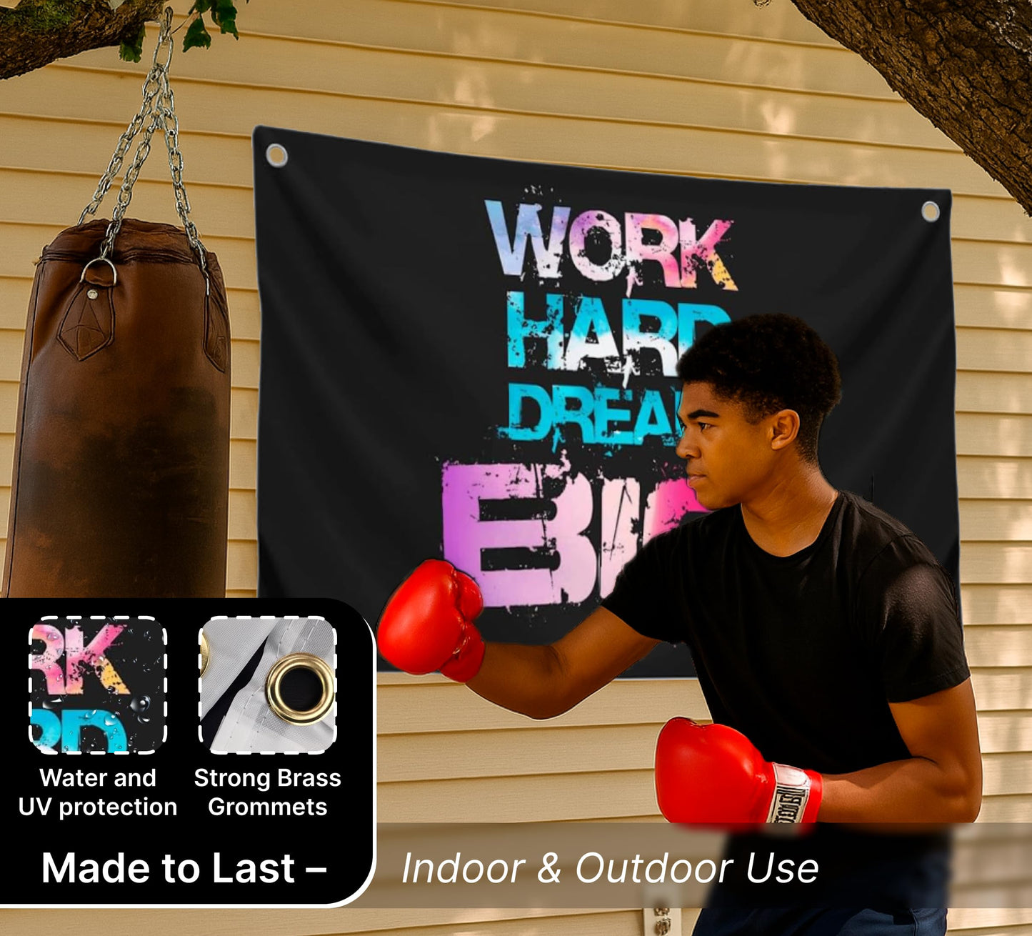 3x5 Feet Black Motivation Quoted Polyester Flag "Work Hard Dream Big" with Four Brass Grommets - Large Motivational Quote Wall Flag for Home Gym Decor - Banner Room Decor Aesthetic for Ofiice