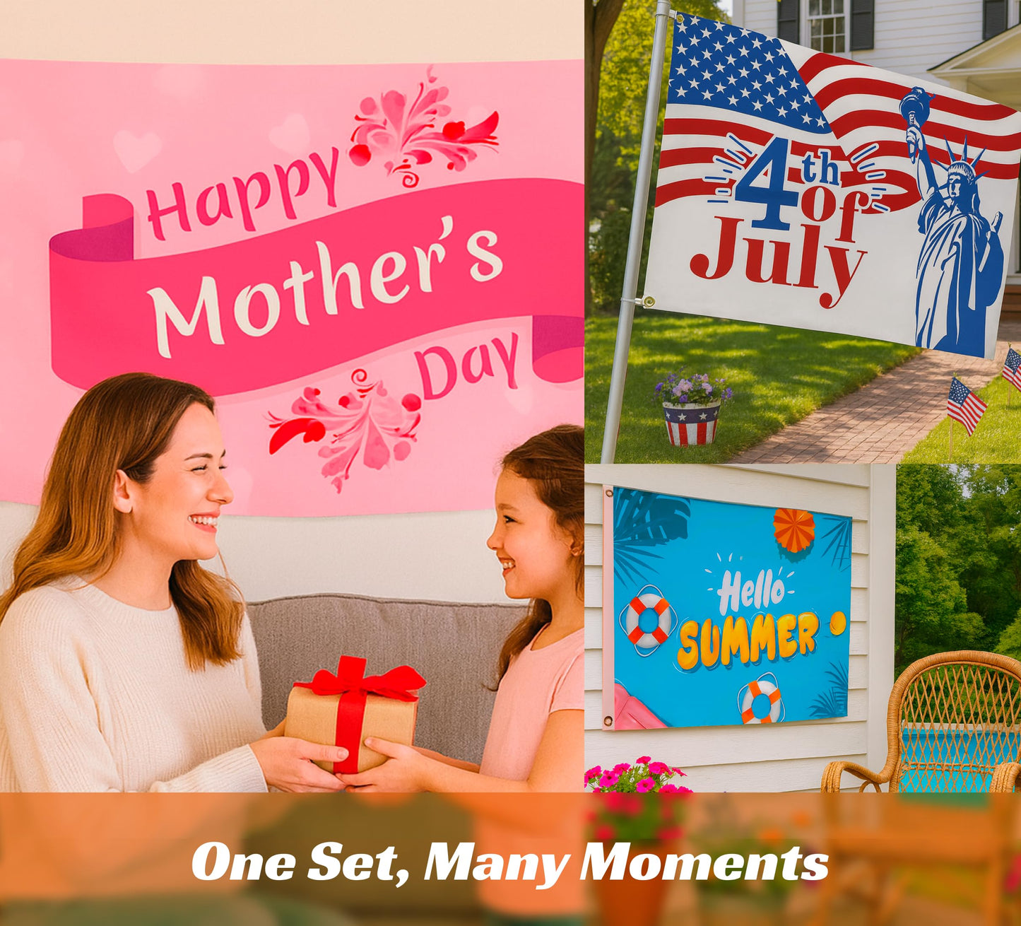 Set of 3 Seasonal 3x5 Ft Flag - Hello Summer Polyester/Nylon Banner Holiday Single Sided Flags with 2 Grommets Outdoor Lawn Yard House - Happy Mothers Day Decor Clearance, 4th of July Flag Freedom
