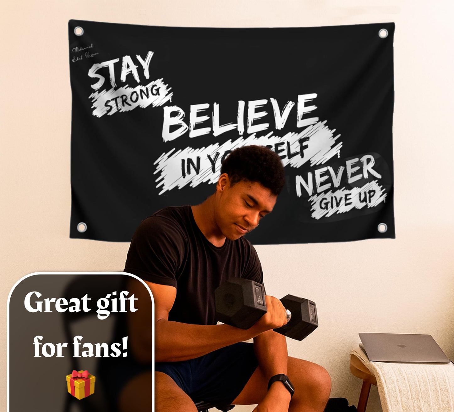 3x5 Feet Motivational Single Sided Flag "Stay Strong Believe In Yourself Never Give Up" with 4 Brass Grommets - Wall Polyester Banner for Bedroom Decoration - Gym Masculine Room Decor for Men