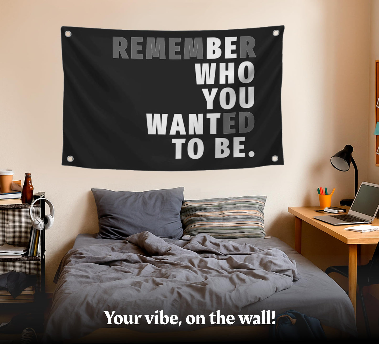 3x5 Feet Black Quoted Polyester Flag Remember Who You Wanted To Be with Four Brass Grommets - Be Who You Want To Be Quote Wall Banner - Black Posters for Man Cave - Motivational Wall Art for Bedroom