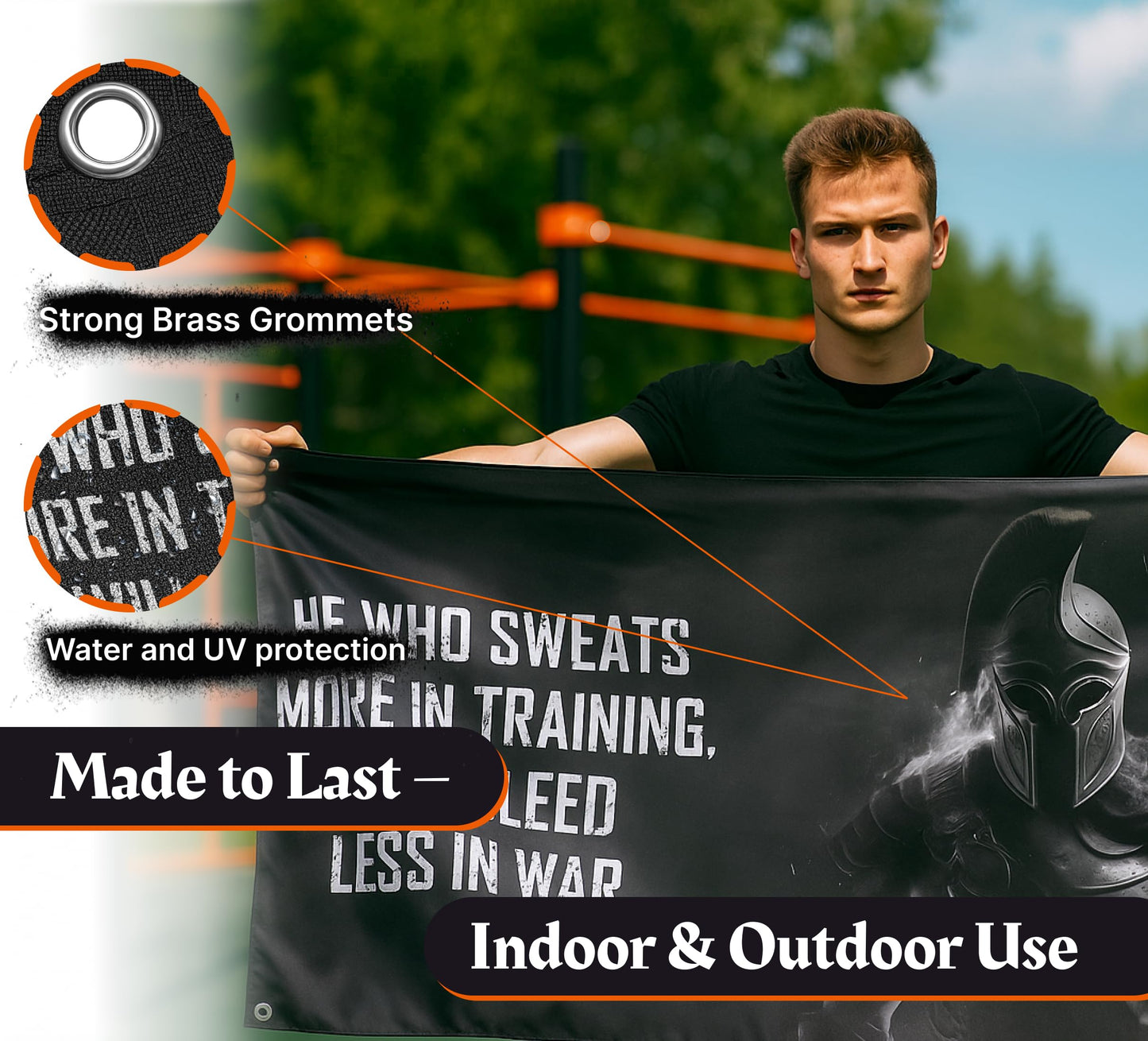 3x5 Ft Motivational Polyester Flag He Who Sweats More In Training Will Bleed Less In War with 4 Grommets - Improvement Wall Decor for Home or Gym - Wall Single Sided Flag with Spartan Image and Quote