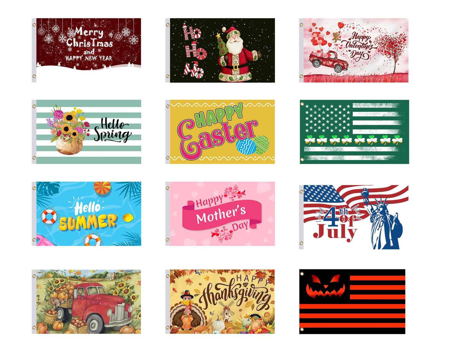Set 12X Seasonal Flags 3x5 Feet - Spring Summer Fall Winter Halloween Christmas Polyester/Nylon Flag with 2 Grommets - Single Sided Flags for All Seasons - Season Decor House and Garden Large Banner