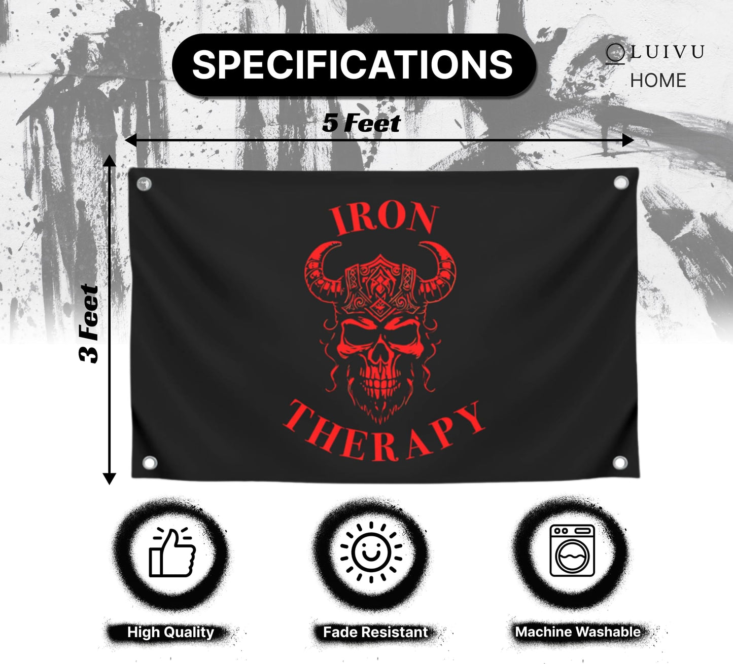3x5 Feet Large Wall Flag With Quote "Iron Therapy" with Four Brass Grommets - Skull Gym Tapestry or Home Gym Decor - Inspirational Home Leadership Quotes - Wall Flag for Indoor and Outdoor