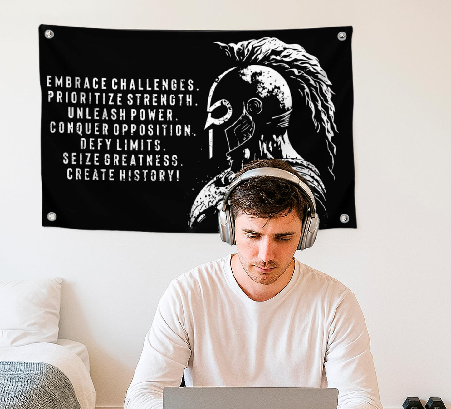 3x5 Ft Embrace Challenges Single Sided Banner with 4 Grommets - Large Motiv Quote Wall Polyester Flag for Home Gym Decor - Wall Flag with Gladiator Image and Quote - Banner Room Decor Aesthetic