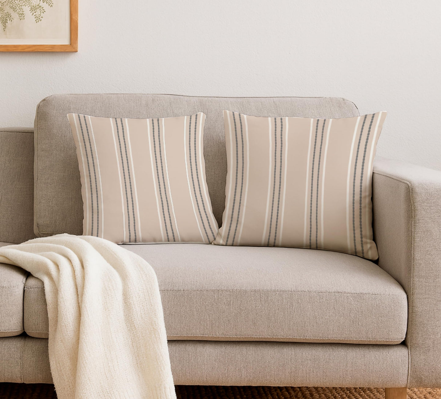 Set of 2 Decorative Throw Pillow Covers 18x18 Inches - Decorative Farmhouse in Linen Pillow Case - Boho Textured Pillow Case - Beige with White and Gray Stitch Yarn Dyed Stripe Cushion Cover for Couch