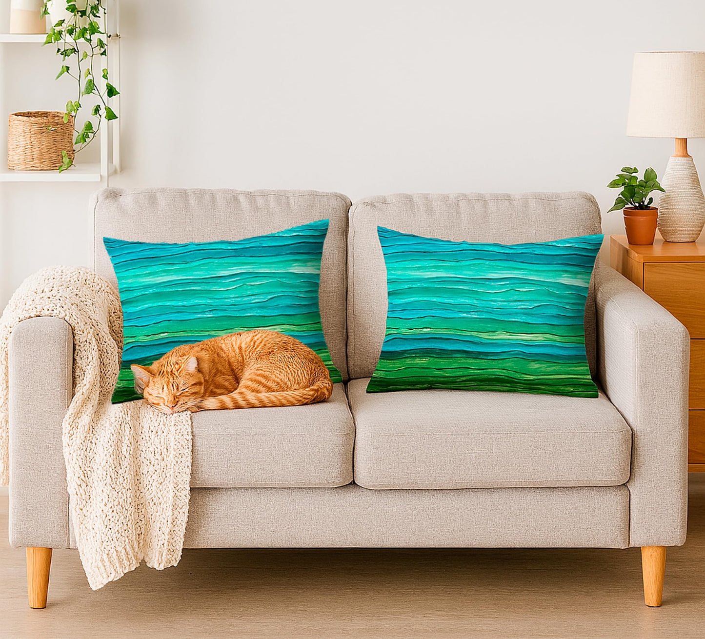 Set of 2 Decorative Throw Pillow Covers 12x20 Inches - Teal Blue Green Pillow Covers in Linen - Watercolor Aqua Waves Brush Lumbar Pillow Cases - Abstract Striped Sea Splash Throw Pillows