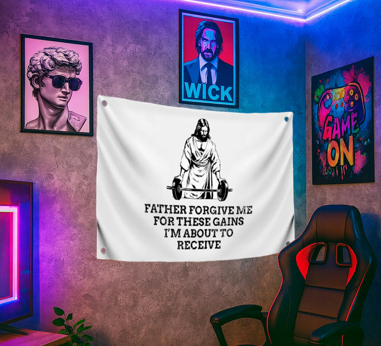 3x5 Ft Jesus Quote Polyester Flag "Father Forgive Me For These Gains I’m About To Receive" with 4 Grommets - Motivational Christian Wall Single Sided Banner - Cool Jesus Flags for Decor Boys Room