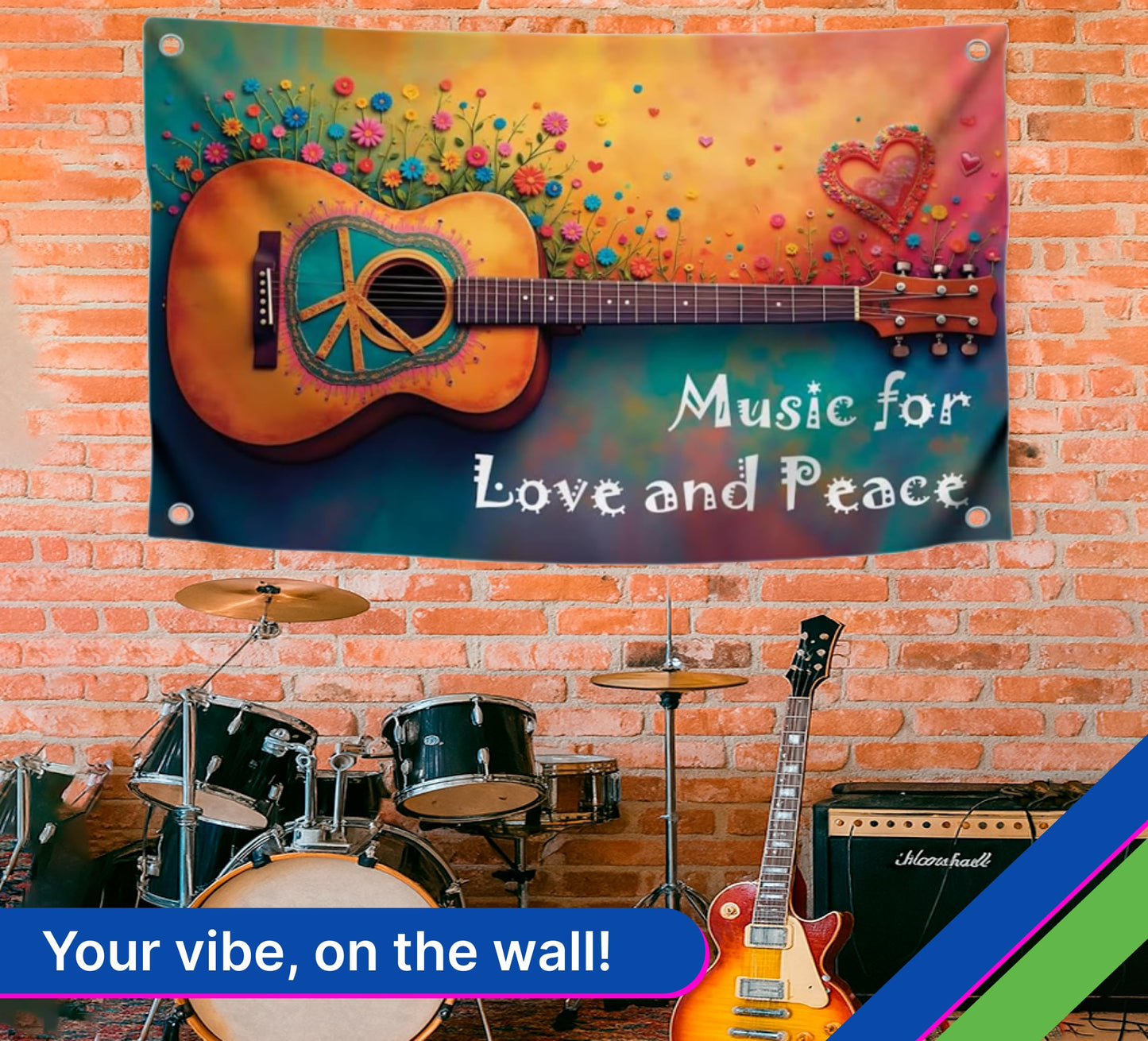 3x5 Ft Guitar Single Sided Flag "Music for Love and Peace" with 4 Brass Grommets - Musical Polyester Banner with Flower and Heart for Wall Decoration - Party Flags Man Cave Wall Flag for College Dorm