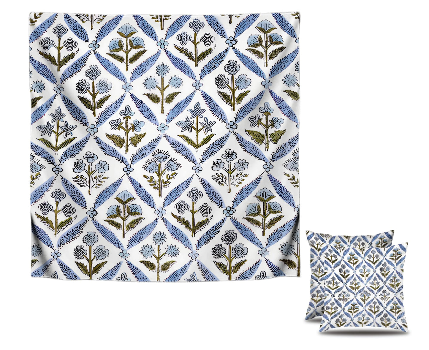 Set of 2 Decorative Throw Spring Pillow Covers 20x20 Inches - Light Steel Blue Block Print Throw Pillow Covers in Linen - Decorative Couch Pillows for Living Room - Chic Boho Cute Pillows Covers