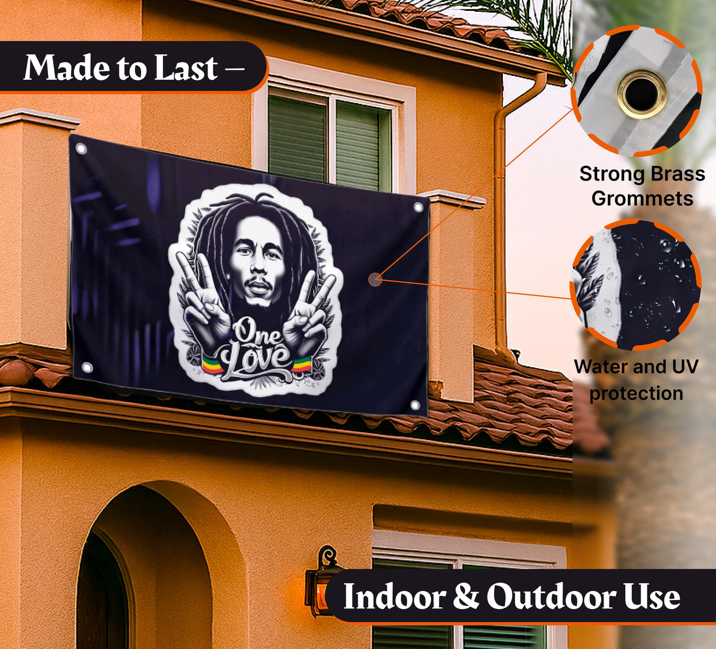 3x5 Feet Marley Wall Hanging Tapestry Flag with One Love with Four Brass Grommets - Aesthetic Rasta Stoners Tapastry - Hippie Decorations Posters for Jamaican Party - Polyester Flag with Men
