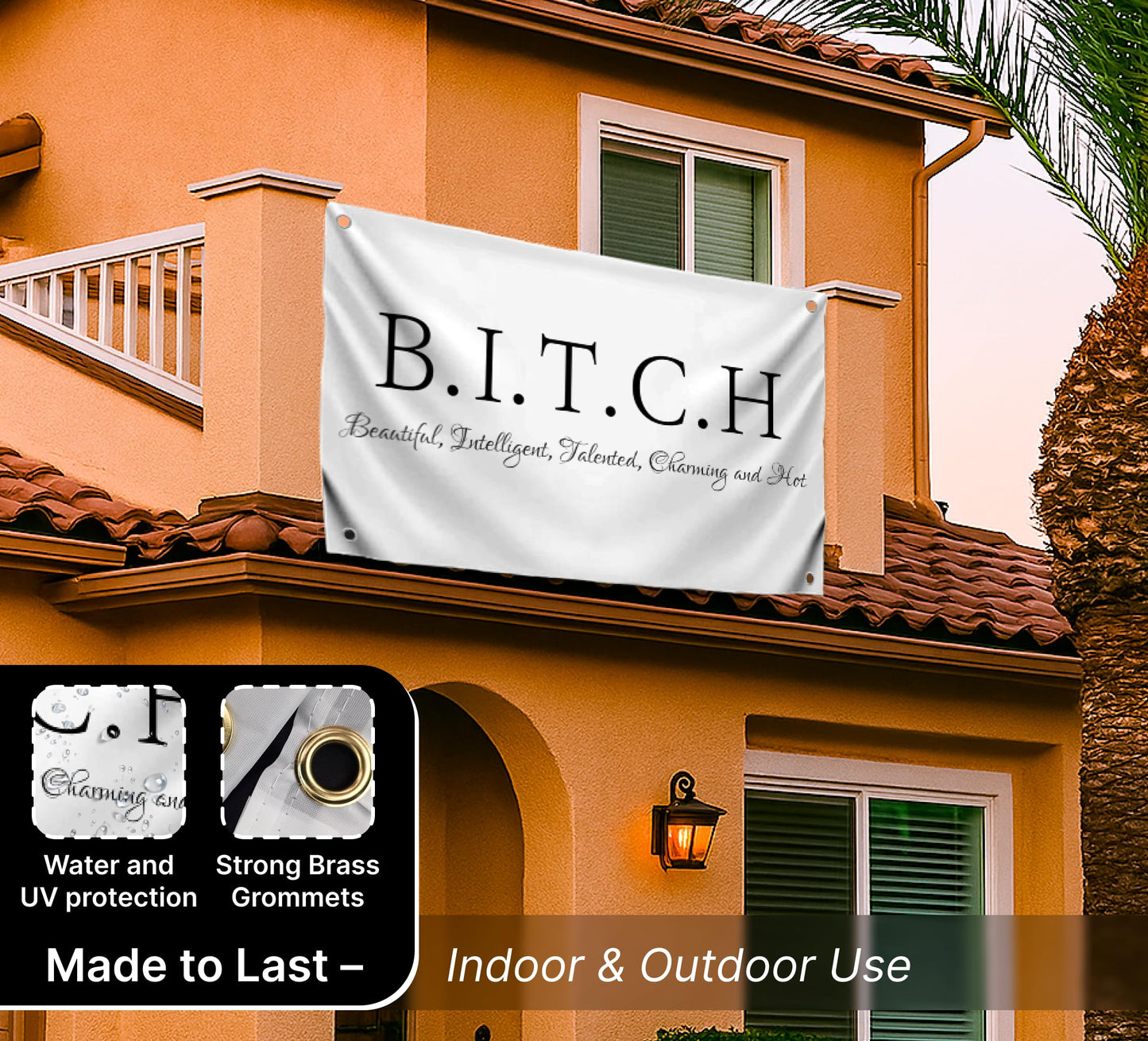 3x5 Ft Single Sided Tapestry B.I.T.C.H Polyester Flags with 4 Grommets - Banner on Beautiful Intelligent Talented Charming and Hot Wall Decor - Flags for Bedroom Girls or Tapestrie for College Dorm