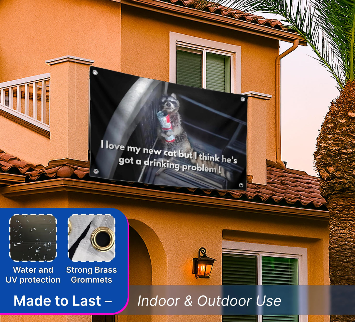3x5 Ft Funny Raccoon Monday Morning Polyester Flag with Four Brass Grommets - Flags quote I Love My New Cat But I Think He's Got A Drinking Problem - Funny Animal Wall Flag Decor for College Dorm Room