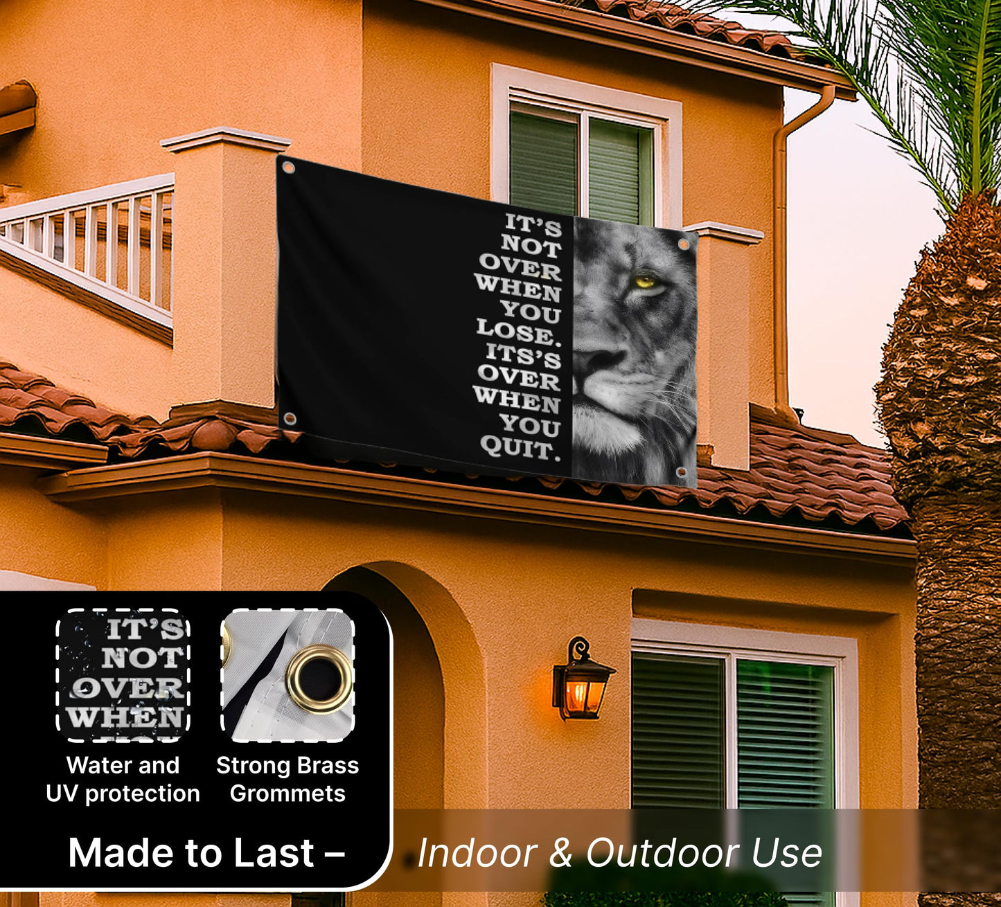 3x5 Feet Motivational Lion Wall Art with Four Brass Grommets - Cool Motivational Inspirational Poster for Men and Woomen - Quote Flags Its Not Over When You Lose. Its Over When You Quit