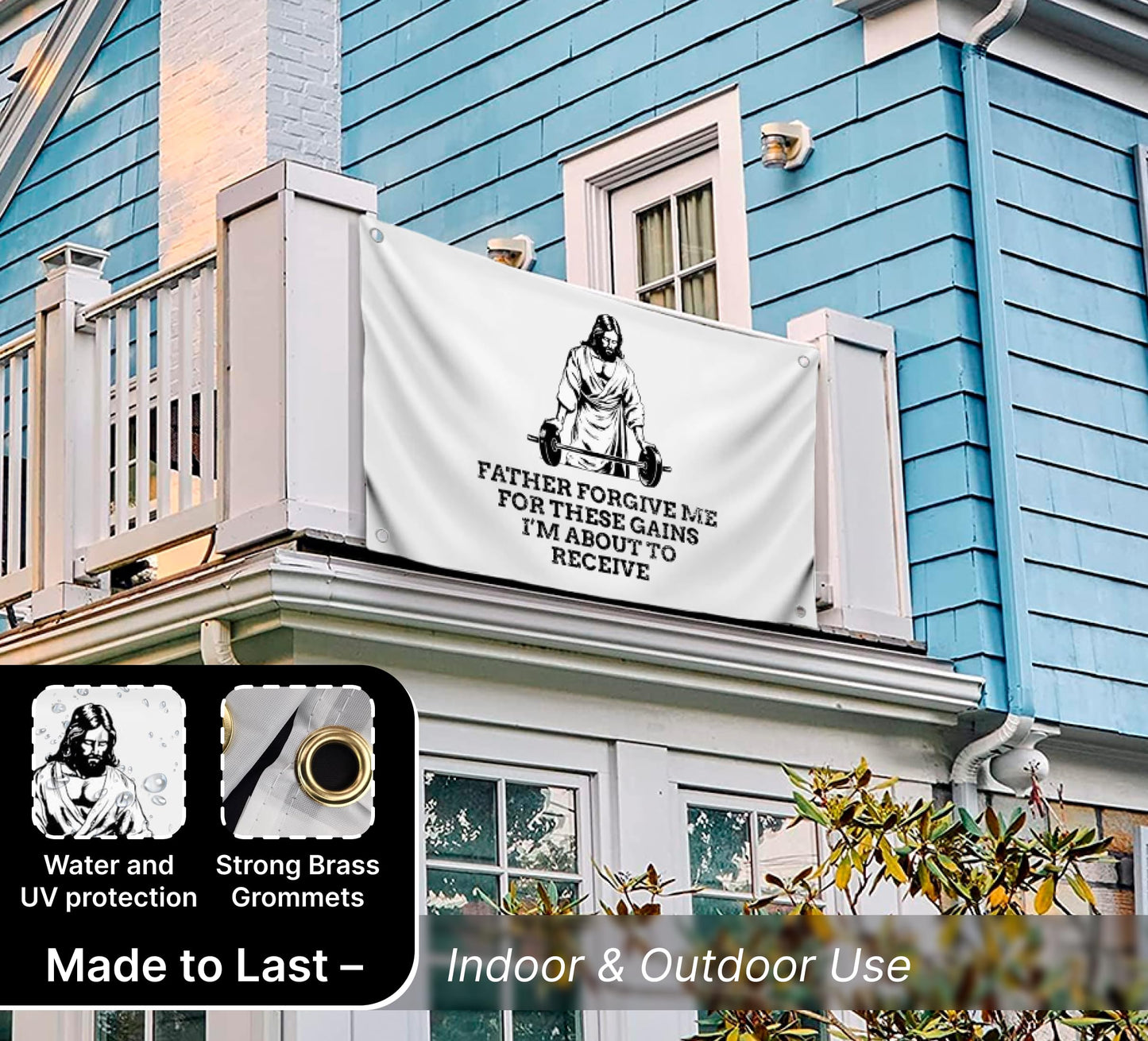 3x5 Ft Jesus Quote Polyester Flag "Father Forgive Me For These Gains I’m About To Receive" with 4 Grommets - Motivational Christian Wall Single Sided Banner - Cool Jesus Flags for Decor Boys Room
