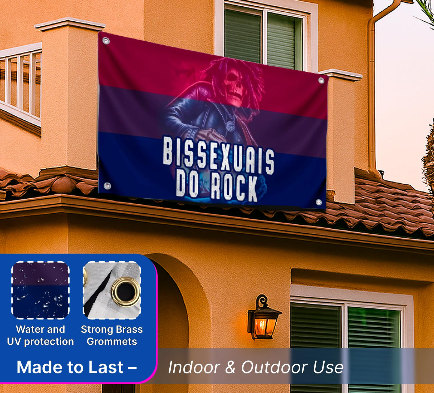 3x5 Feet Tapestry Flag Bissexuals Do Rock with Four Brass Grommets - Polyester Skeleton Musical Banners Can Be Used Indoor or Outdoor - Funny LGBT College Dorm Flags for Girls