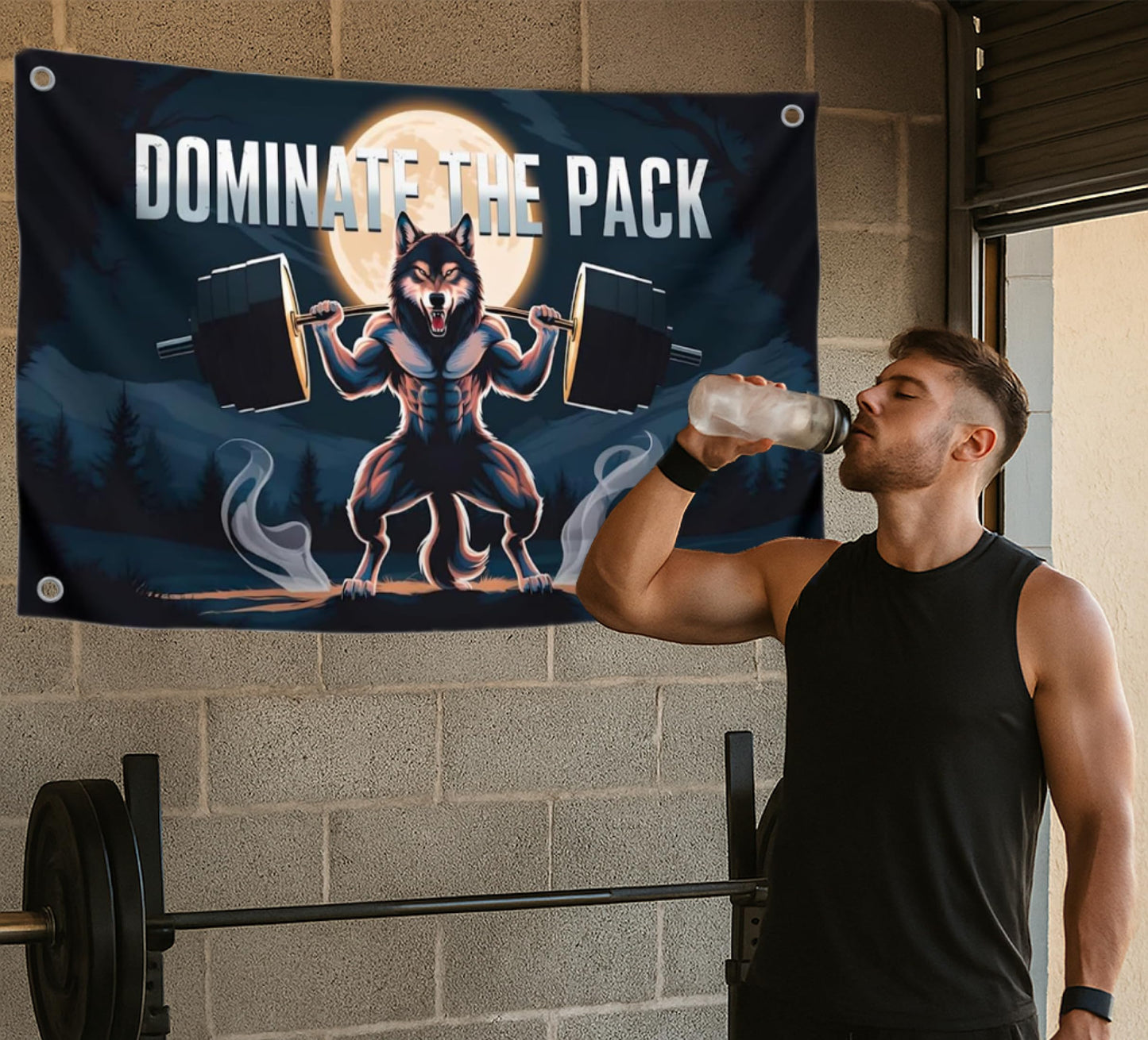3x5 Feet Motivation Wolf Flag "Dominate The Pack" with Four Brass Grommets - Inspirational Banner with Cool Motivation - Motivational Gym Banner for Wall Decoration - Polyester Decor for Gym
