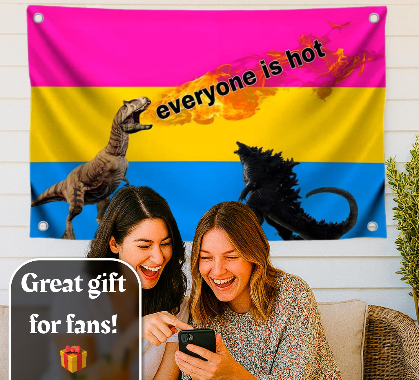 3x5 Feet Tapestry Flag Everyone Is Hot with Four Brass Grommets - Fire Flag with Dinosaurs and Godzilla - Polyester LGBT Banner for Decor Student Bedroom - Banners Can Be Used Indoor or Outdoor
