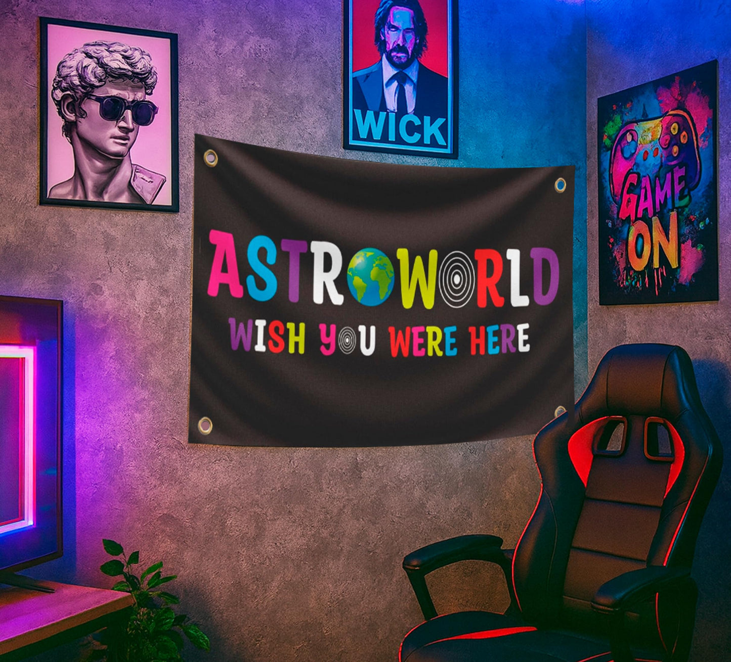 3x5 Ft Astroworld Polyester Flag Black - Man Cave Wall Single Sided Flag with 4 Grommets for College Dorm Room Decor - Wish You Were Here Tapestry - Wall Hanging Black Home Decorations for Bedroom