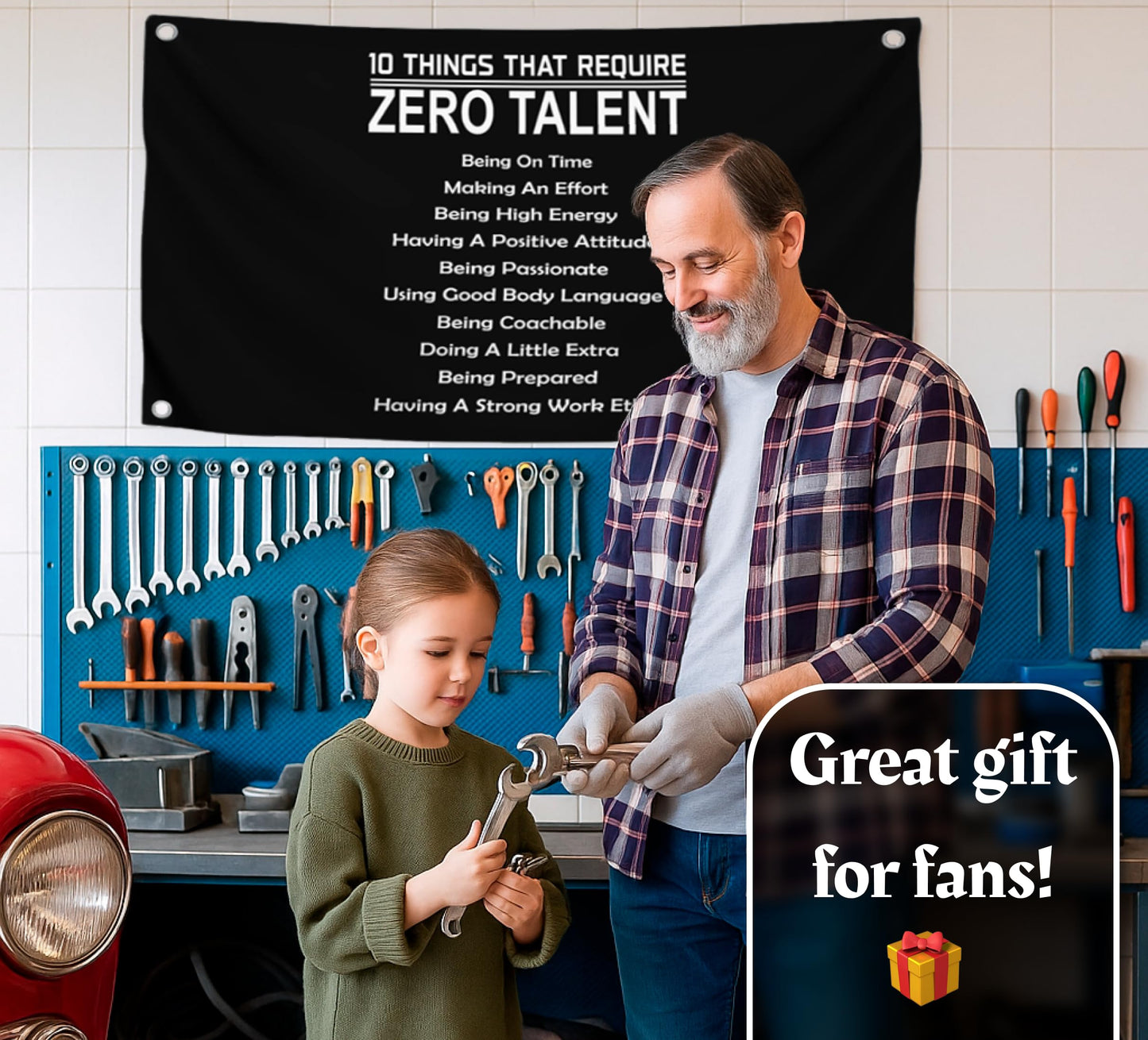 3x5 Feet 10 Things That Require Zero Talent Flag with Four Brass Grommets - Motivational Wall Art Banner for Classroom or Gym - Inspirational Home Leadership Quotes - Wall Flag for Indoor and Outdoor