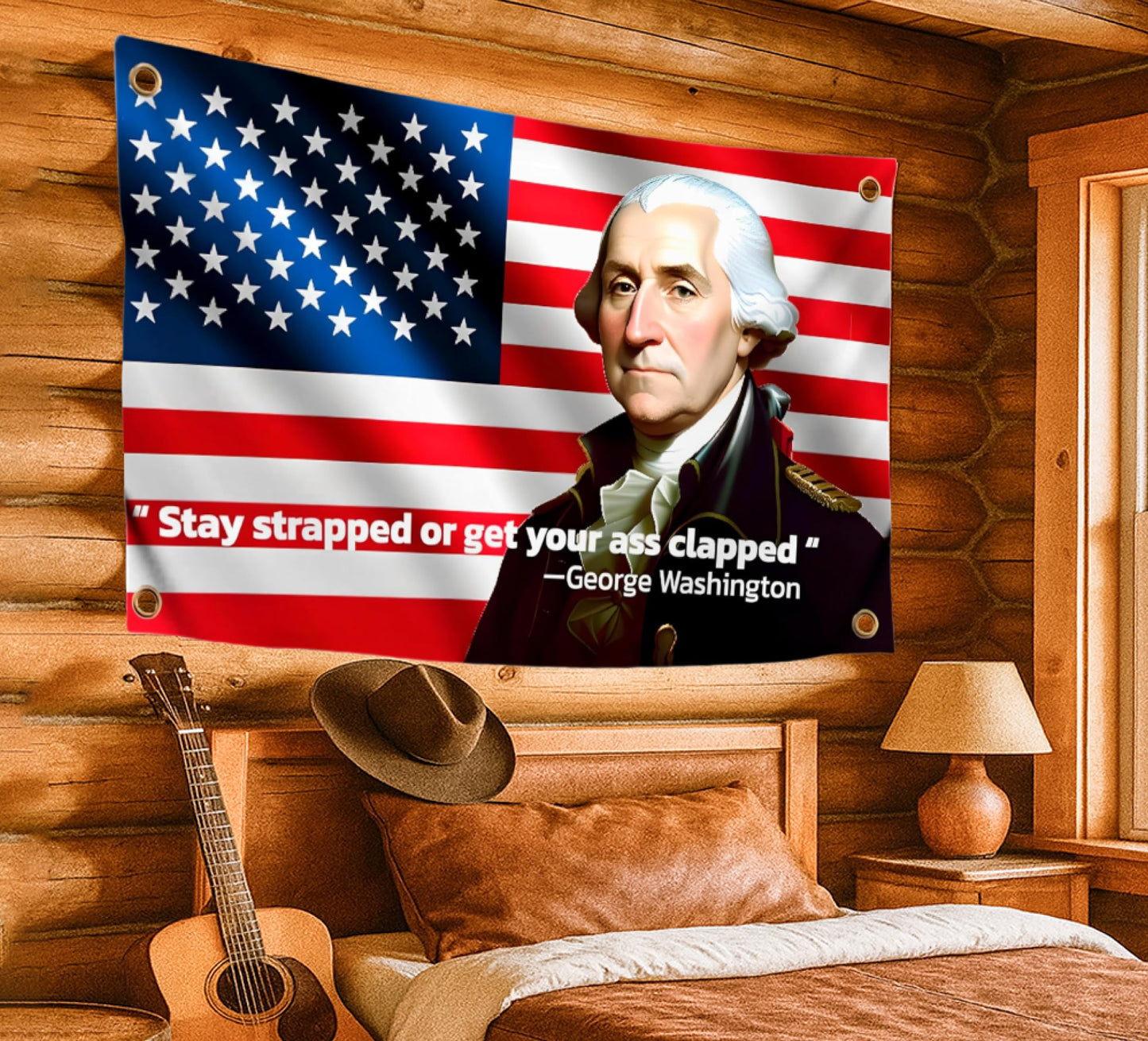 3x5 Feet Washington Stay Strapped or Get Clapped Polyester Flag with 4 Brass Grommets - Cool Funny Single Sided Flags For Room Guys Quote Meme Flags Banner - Wall Flag Pop Art Home Decoration