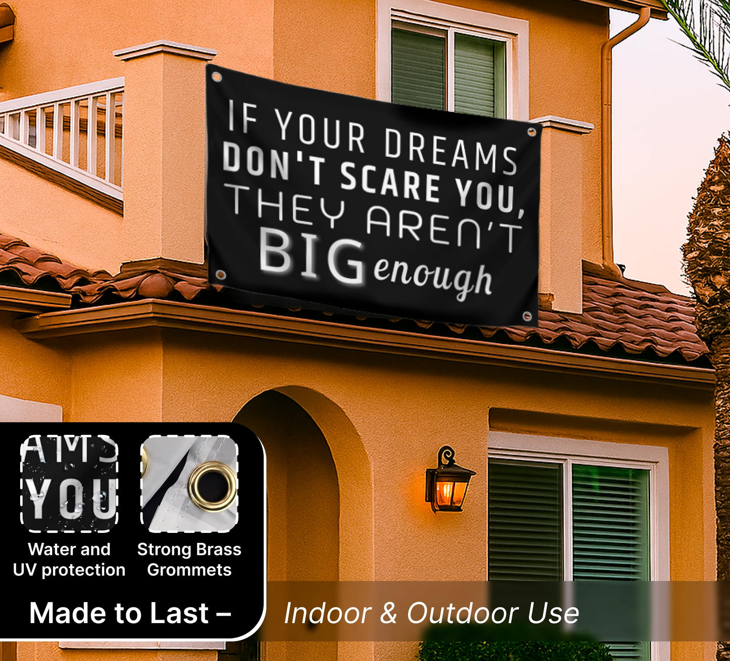 3x5 Ft Single Sided Motivational Quote Black Polyester Flag If Your Dreams Don't Scare You, They Aren't Big Enought with Four Grommets - Inspirational Sports Banner Wall Decor Positive Sayings