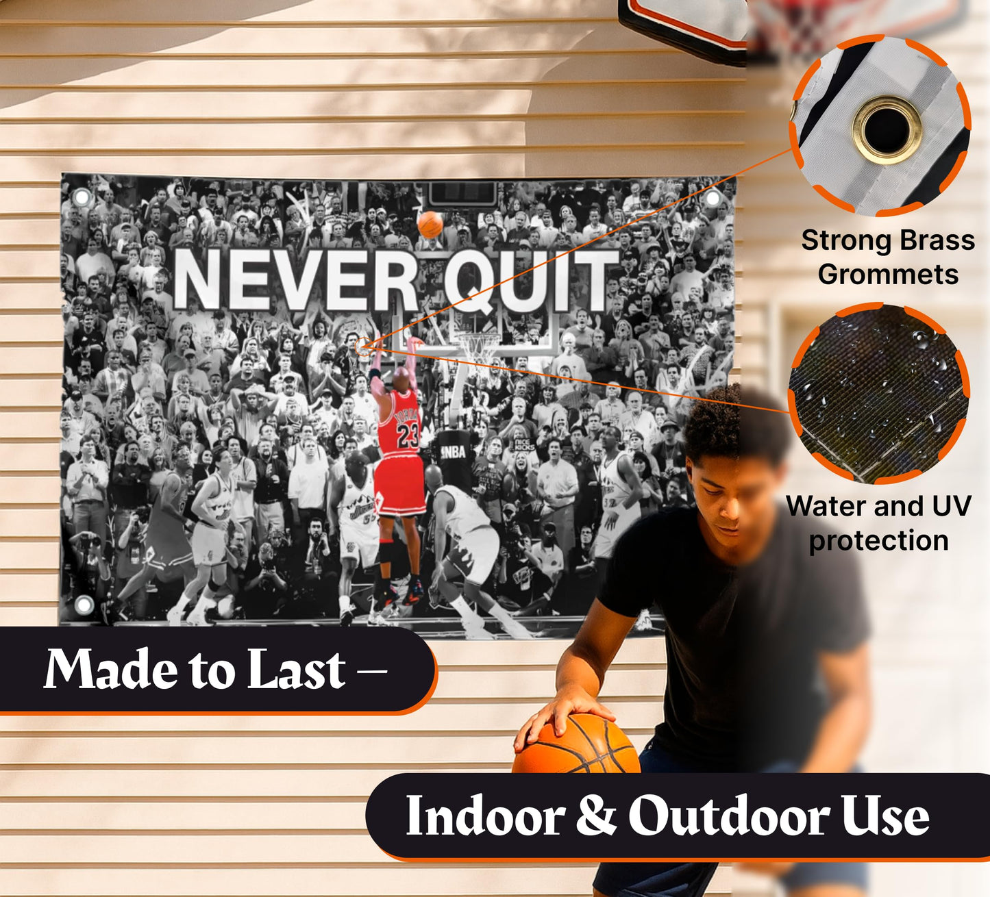 3x5 Feet Never Quit Polyester Flag with Four Brass Grommets - Inspirational Workout Fitness Home Gym Wall Decor - Cool Gym Motivation Basketball Single Sided Poster - Motivational Wall Art Decorations