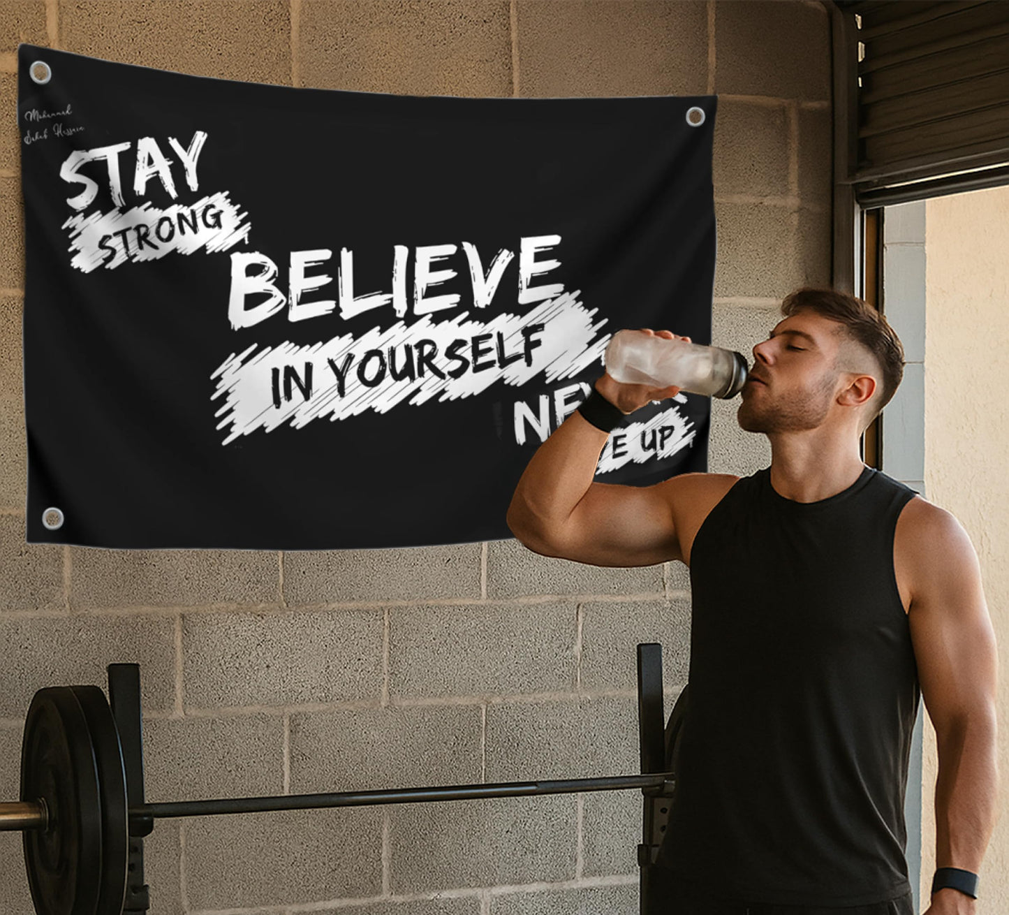 3x5 Feet Motivational Single Sided Flag "Stay Strong Believe In Yourself Never Give Up" with 4 Brass Grommets - Wall Polyester Banner for Bedroom Decoration - Gym Masculine Room Decor for Men