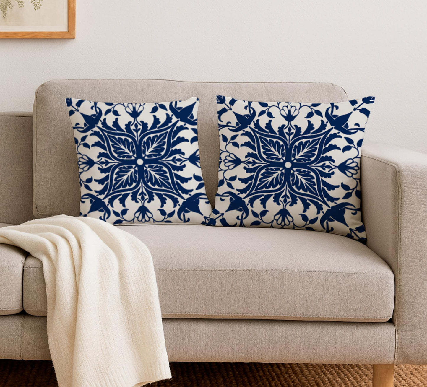 Set of 2 Decorative Throw Pillow Covers 18x18 Inches - Navy Blue Boho Pillow Covers - Bohemian Ethnic Carpet Pattern Design - Decorative Throw Pillows in Linen Blue Print Farmhouse