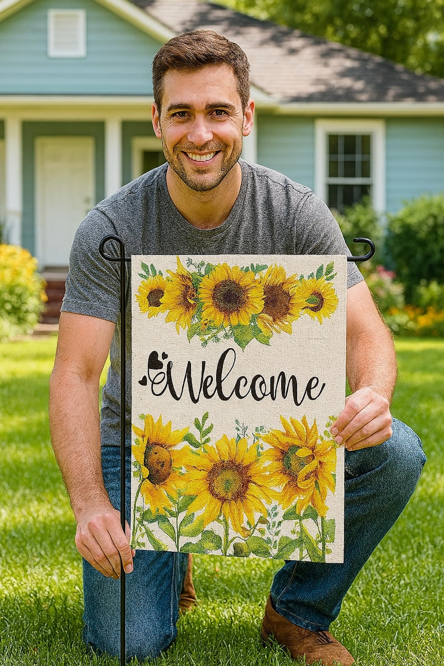 Double Sided Summer Garden Flag - Seasonal Large Outdoor Yard Flags of Burlap - Banner Welcome Summer or Spring - Outside Garden Yard Decorations - Welcome Flower Summer Outdoors Flag