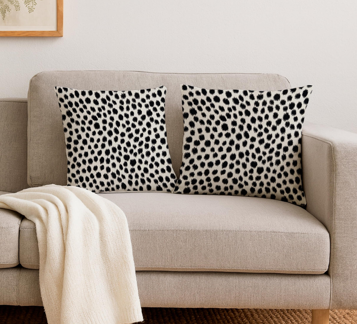 Set of 2 Decorative Throw Pillow Covers 18x18 Inches - Black and Cream Polka Dot Pillow Covers - Throw Pillows Boho Design Brush Strokes Decorative - Pillowcase Square Cushion Cover in Linen