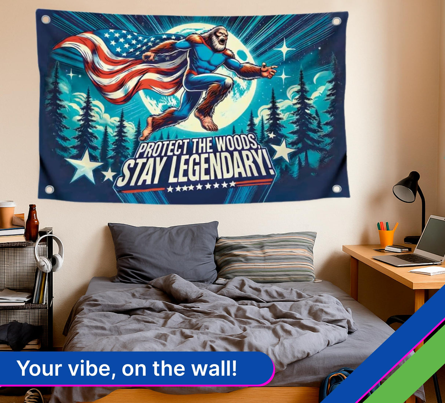 3x5 Ft Single Sided Polyester Banner with Quote “Protect the Woods, Stay Legendary” - Cool Tapestry with Four Brass Grommets - Wall Flag for Dorm Boys Yard or Camping Decor - Funny Bigfoot Meme Flag