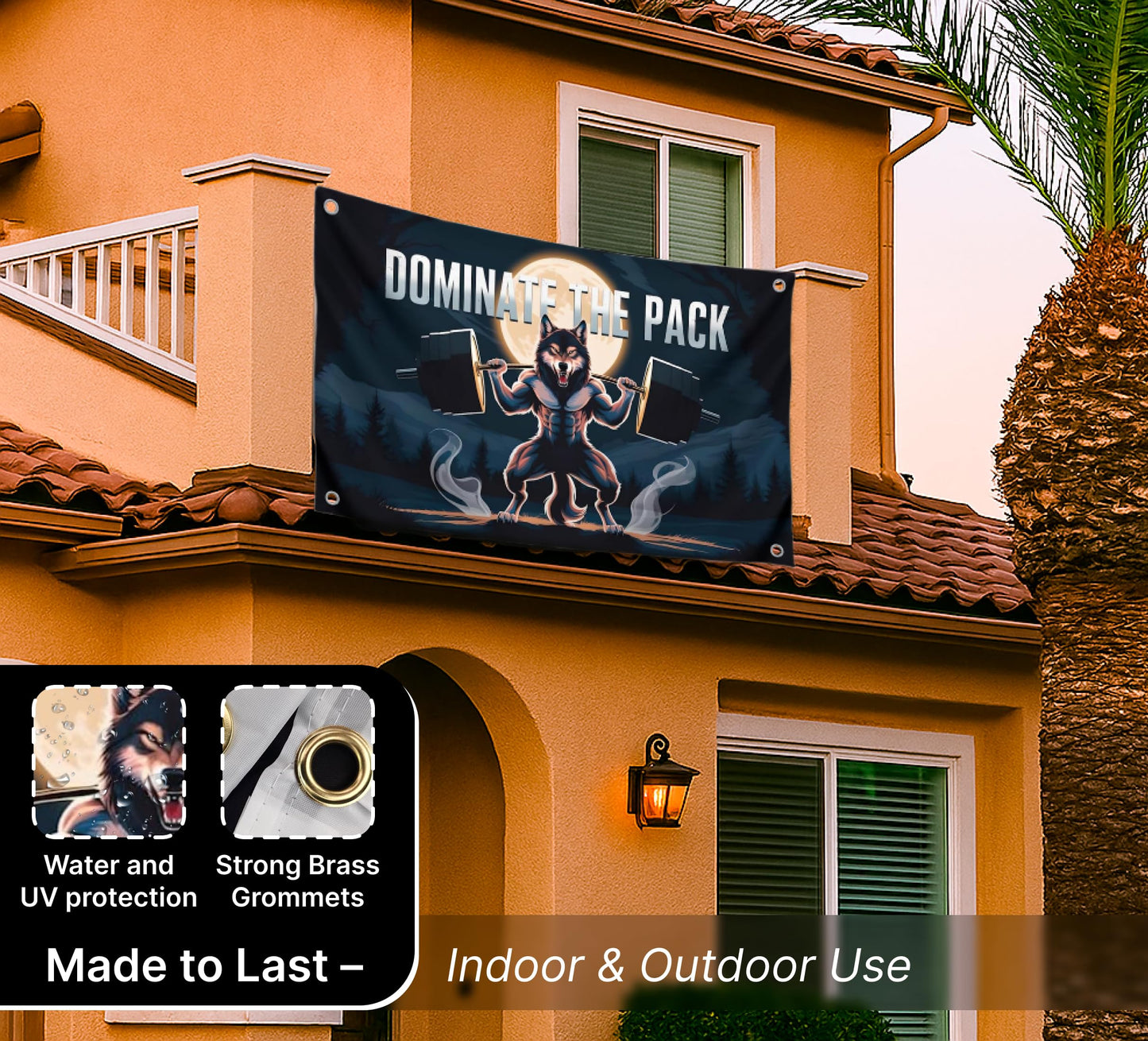3x5 Feet Motivation Wolf Flag "Dominate The Pack" with Four Brass Grommets - Inspirational Banner with Cool Motivation - Motivational Gym Banner for Wall Decoration - Polyester Decor for Gym