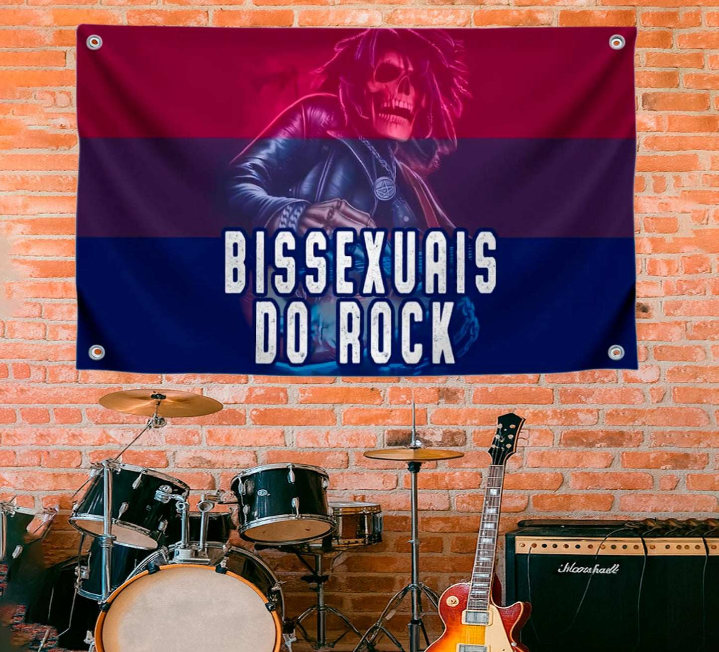 3x5 Feet Tapestry Flag Bissexuals Do Rock with Four Brass Grommets - Polyester Skeleton Musical Banners Can Be Used Indoor or Outdoor - Funny LGBT College Dorm Flags for Girls