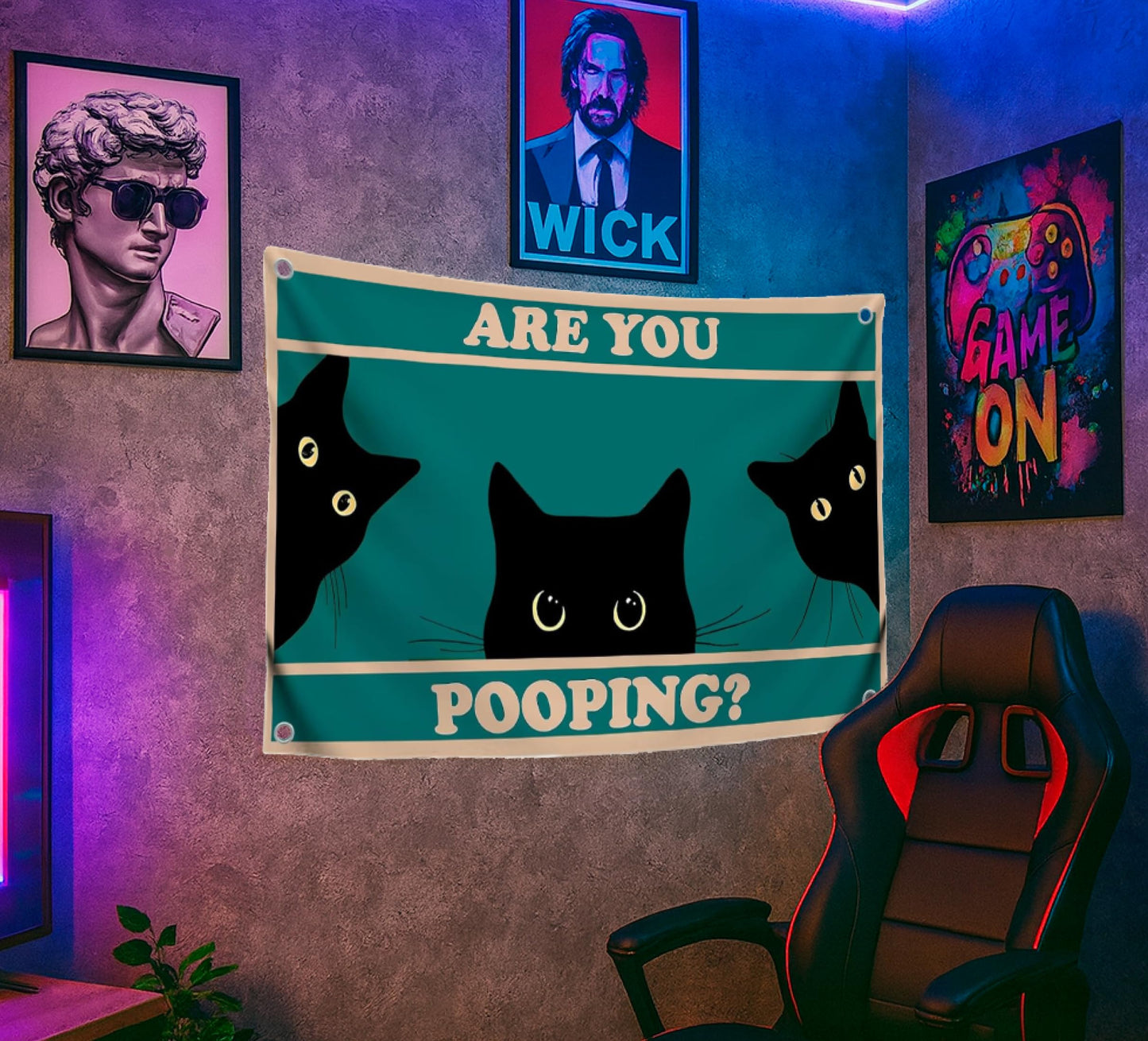3x5 Feet Black Cats Funny Single Sided Flag "Are You Pooping" with Four Brass Grommets - Funny Black Cat Meme Wall Decorations for Badroom - Polyester Cool Ridiculous Cats Outdoor or Indoor Flag