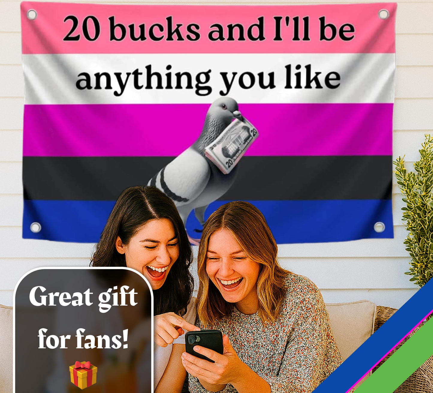 3x5 Feet Genderfluid Pigeon Pride Polyester Flag with Four Brass Grommets - Quote Multicolor Flag "20 Bucks and I'll Be Anything You Like" with Four Brass Grommets - American Money Banner for Home