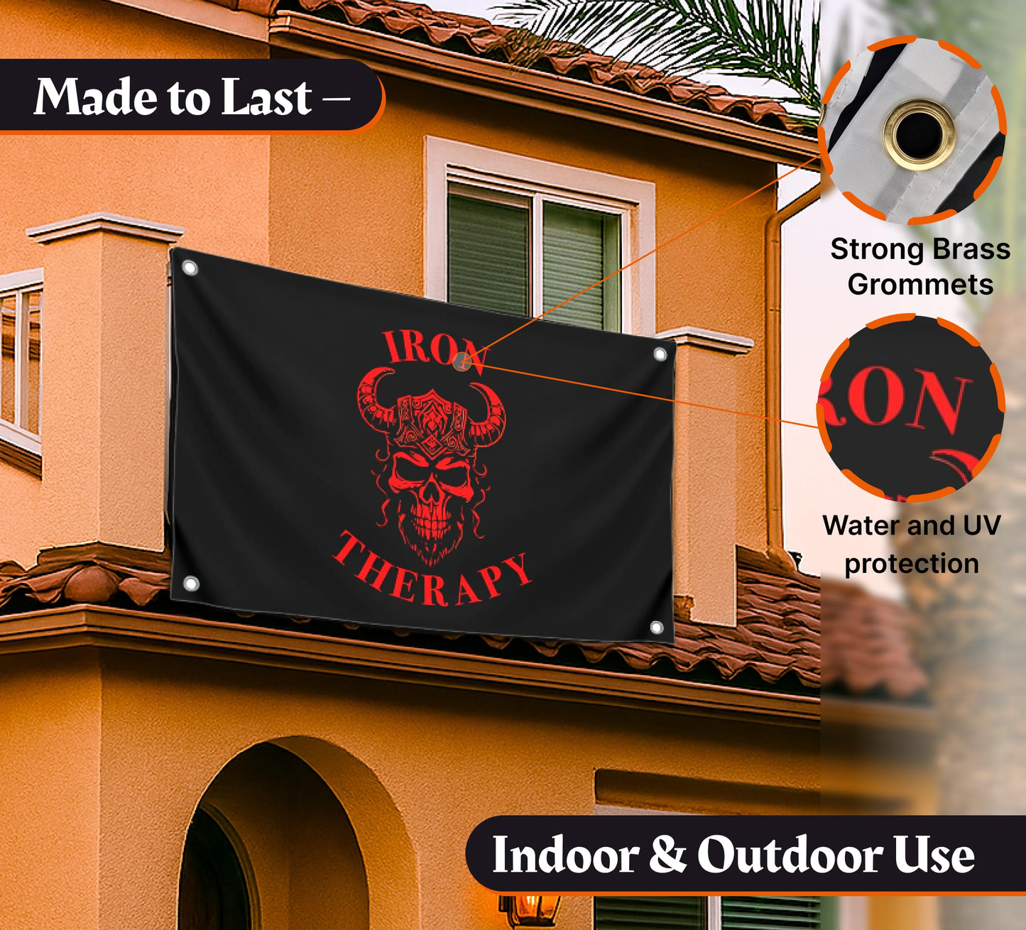 3x5 Feet Large Wall Flag With Quote "Iron Therapy" with Four Brass Grommets - Skull Gym Tapestry or Home Gym Decor - Inspirational Home Leadership Quotes - Wall Flag for Indoor and Outdoor