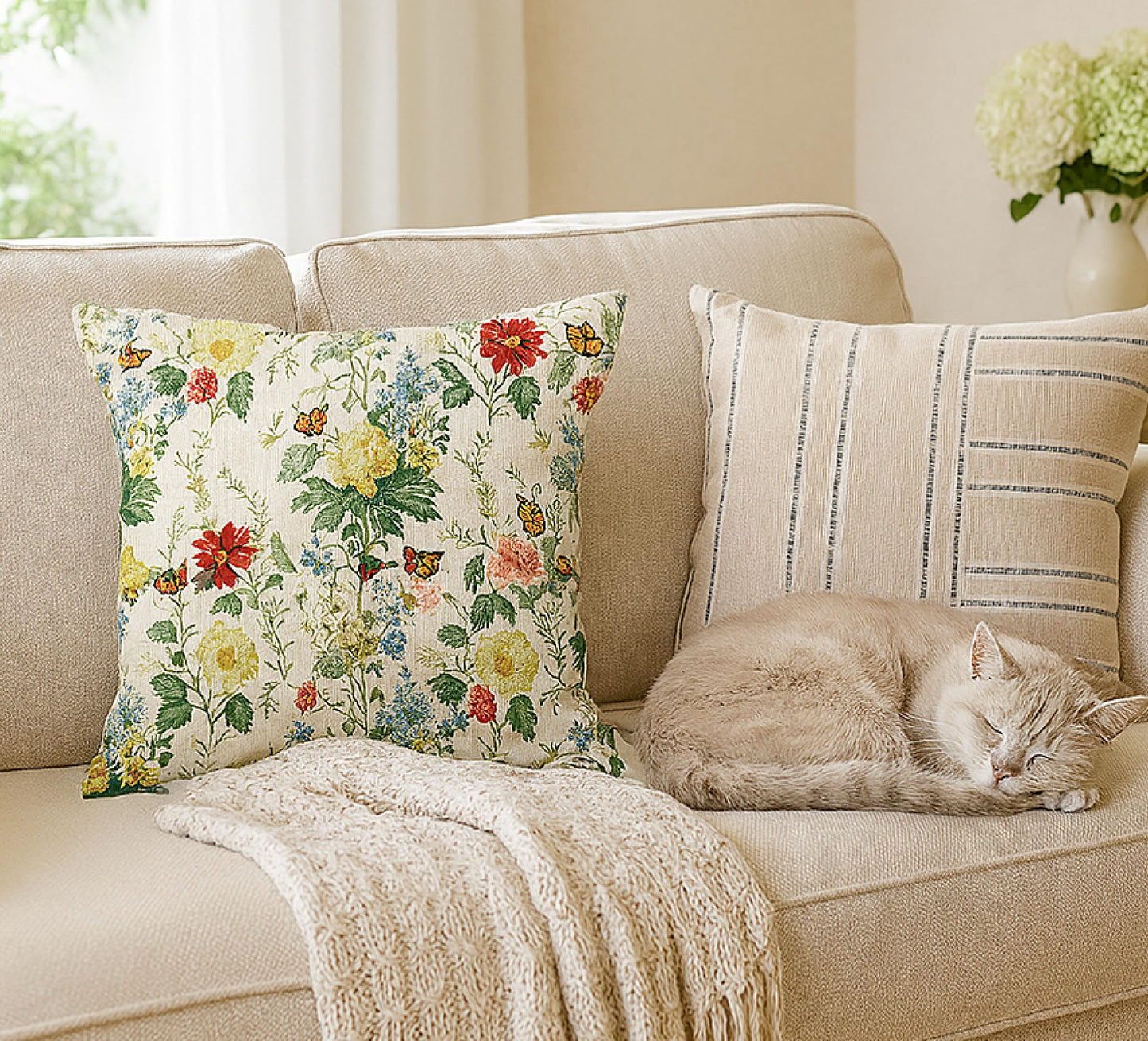Set of 2 Decorative Throw Spring Pillow Covers 18x18 Inches - Sage Green Wild Flower Plant Throw Pillows Case - Seasonal Floral Decorative Square in Linen - Farmhouse Decor Cushion Covers for Home