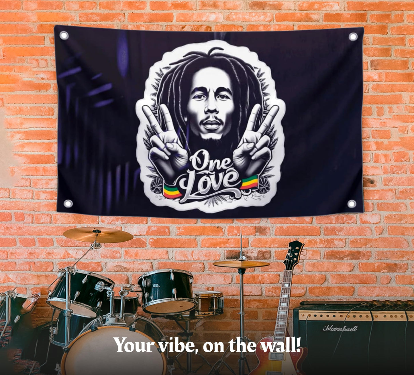 3x5 Feet Marley Wall Hanging Tapestry Flag with One Love with Four Brass Grommets - Aesthetic Rasta Stoners Tapastry - Hippie Decorations Posters for Jamaican Party - Polyester Flag with Men
