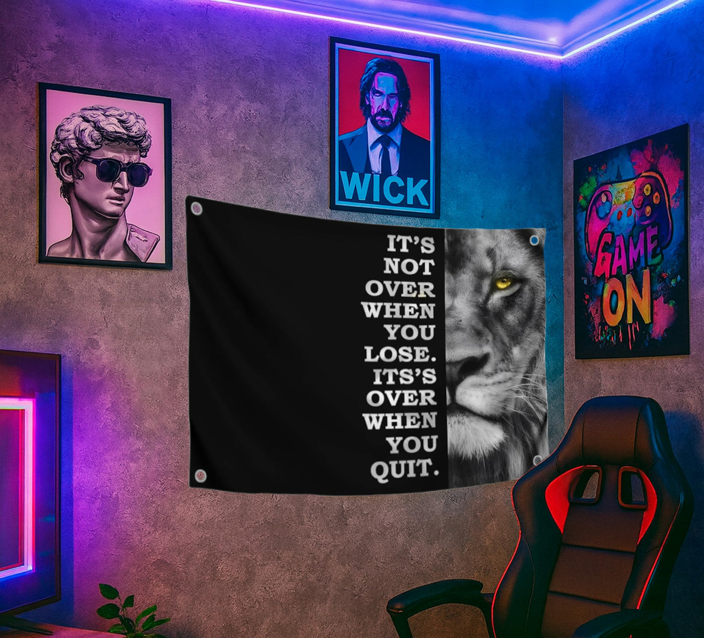 3x5 Feet Motivational Lion Wall Art with Four Brass Grommets - Cool Motivational Inspirational Poster for Men and Woomen - Quote Flags Its Not Over When You Lose. Its Over When You Quit