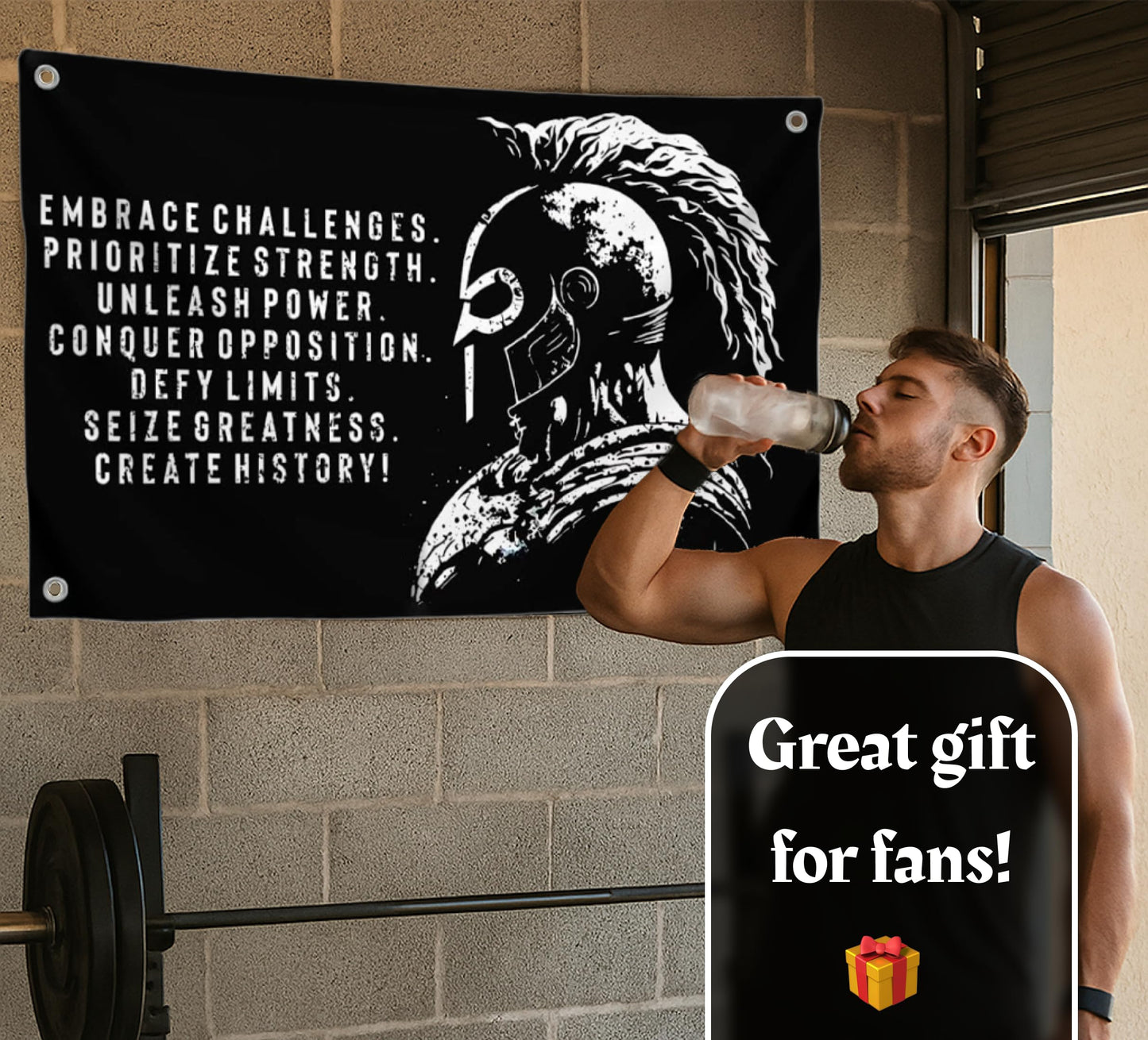 3x5 Ft Embrace Challenges Single Sided Banner with 4 Grommets - Large Motiv Quote Wall Polyester Flag for Home Gym Decor - Wall Flag with Gladiator Image and Quote - Banner Room Decor Aesthetic