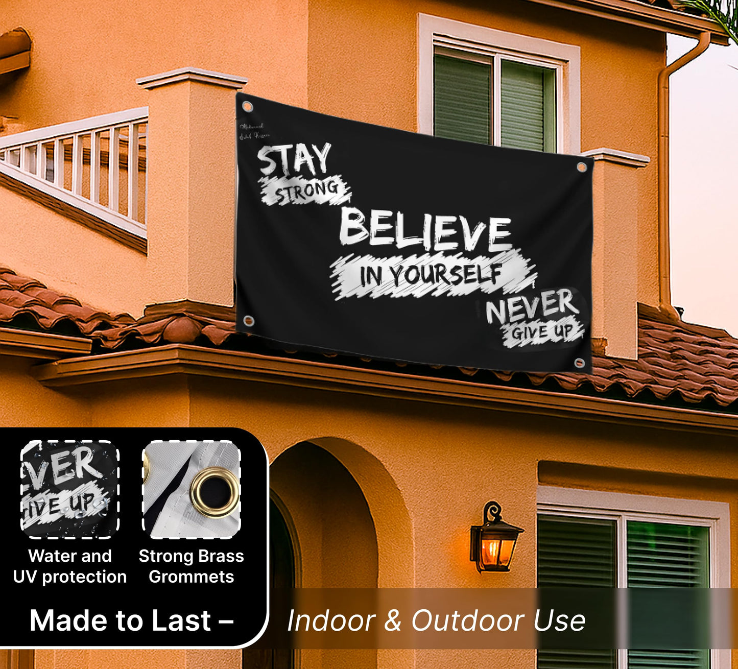 3x5 Feet Motivational Single Sided Flag "Stay Strong Believe In Yourself Never Give Up" with 4 Brass Grommets - Wall Polyester Banner for Bedroom Decoration - Gym Masculine Room Decor for Men