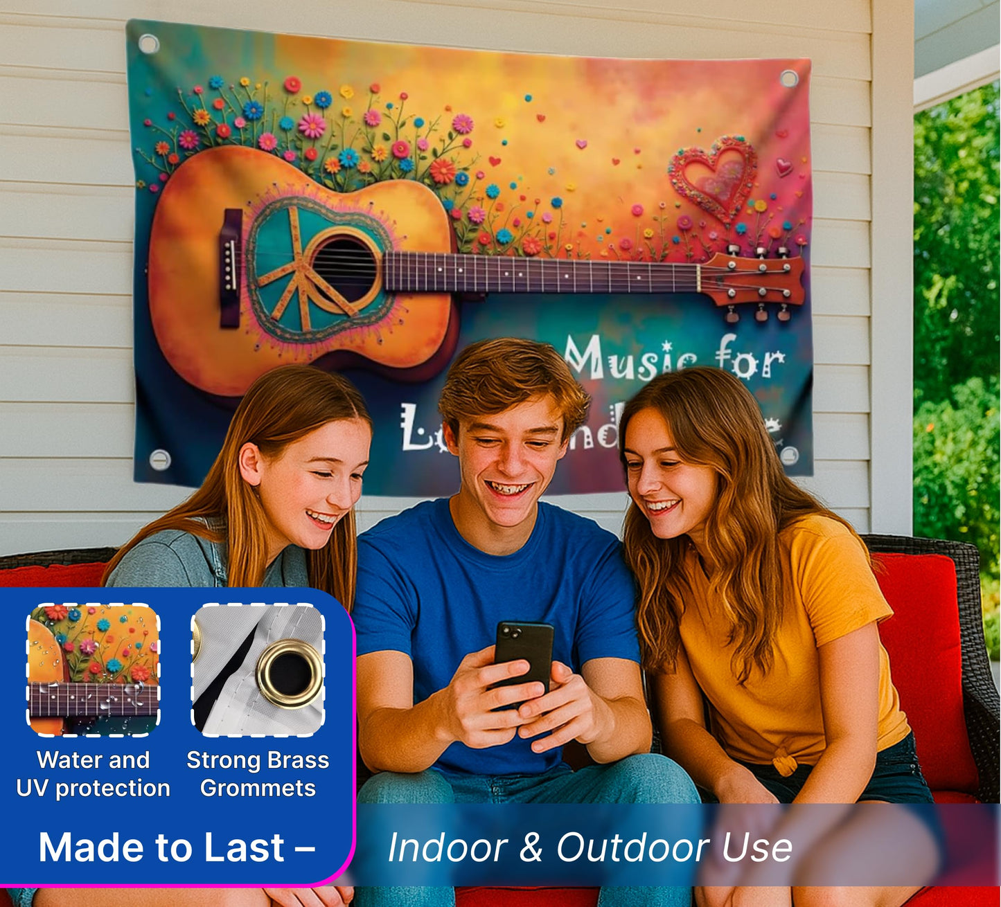 3x5 Ft Guitar Single Sided Flag "Music for Love and Peace" with 4 Brass Grommets - Musical Polyester Banner with Flower and Heart for Wall Decoration - Party Flags Man Cave Wall Flag for College Dorm