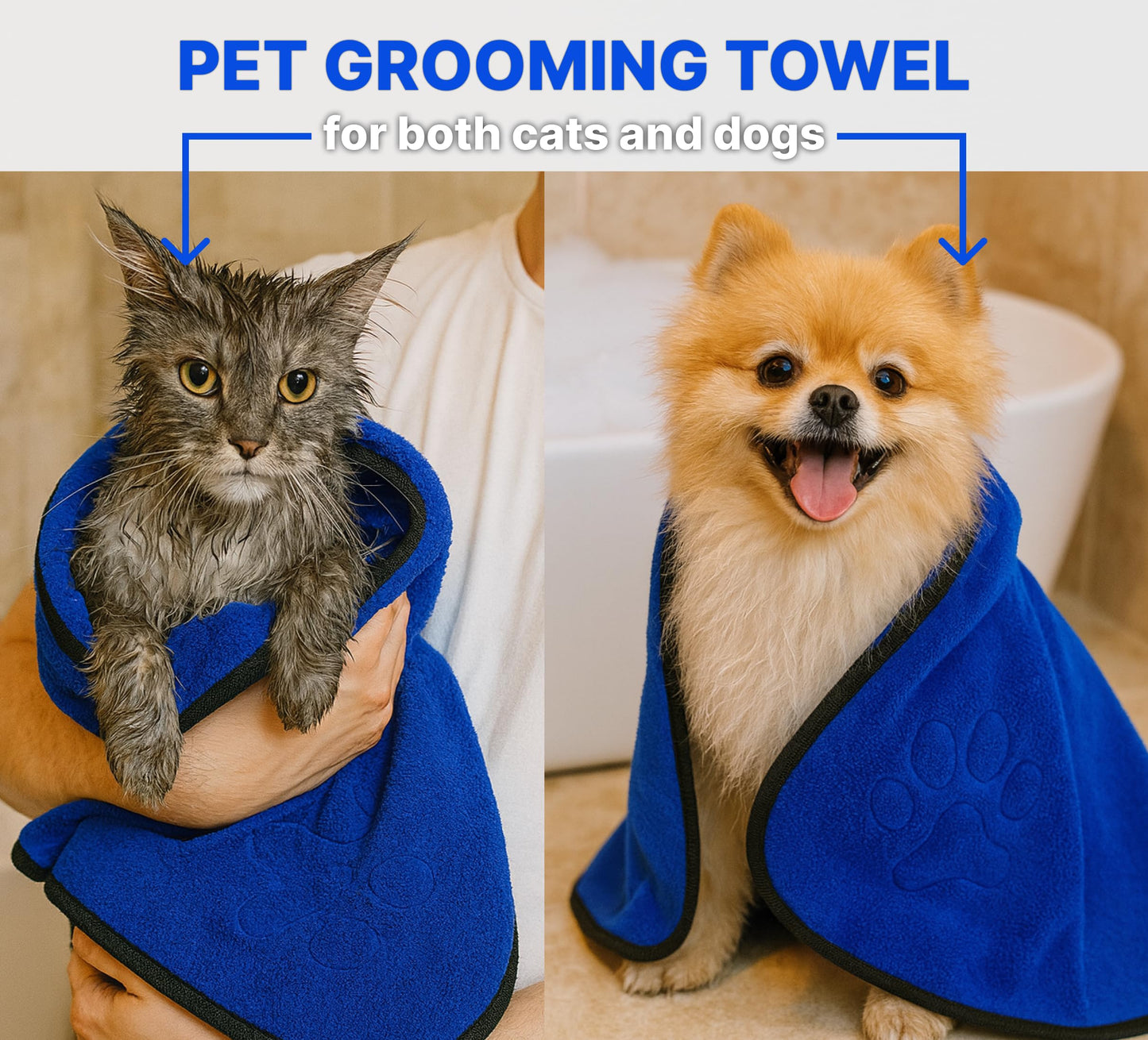 34 x 10.50 inches Blue Dog Towel for Drying - Perfect Dogs Shower Supplies - Soft and Quick Drying Pet Grooming Towel - Animals Grooming Bath with Comfortable Hand Pockets and Absorbent Microfibers