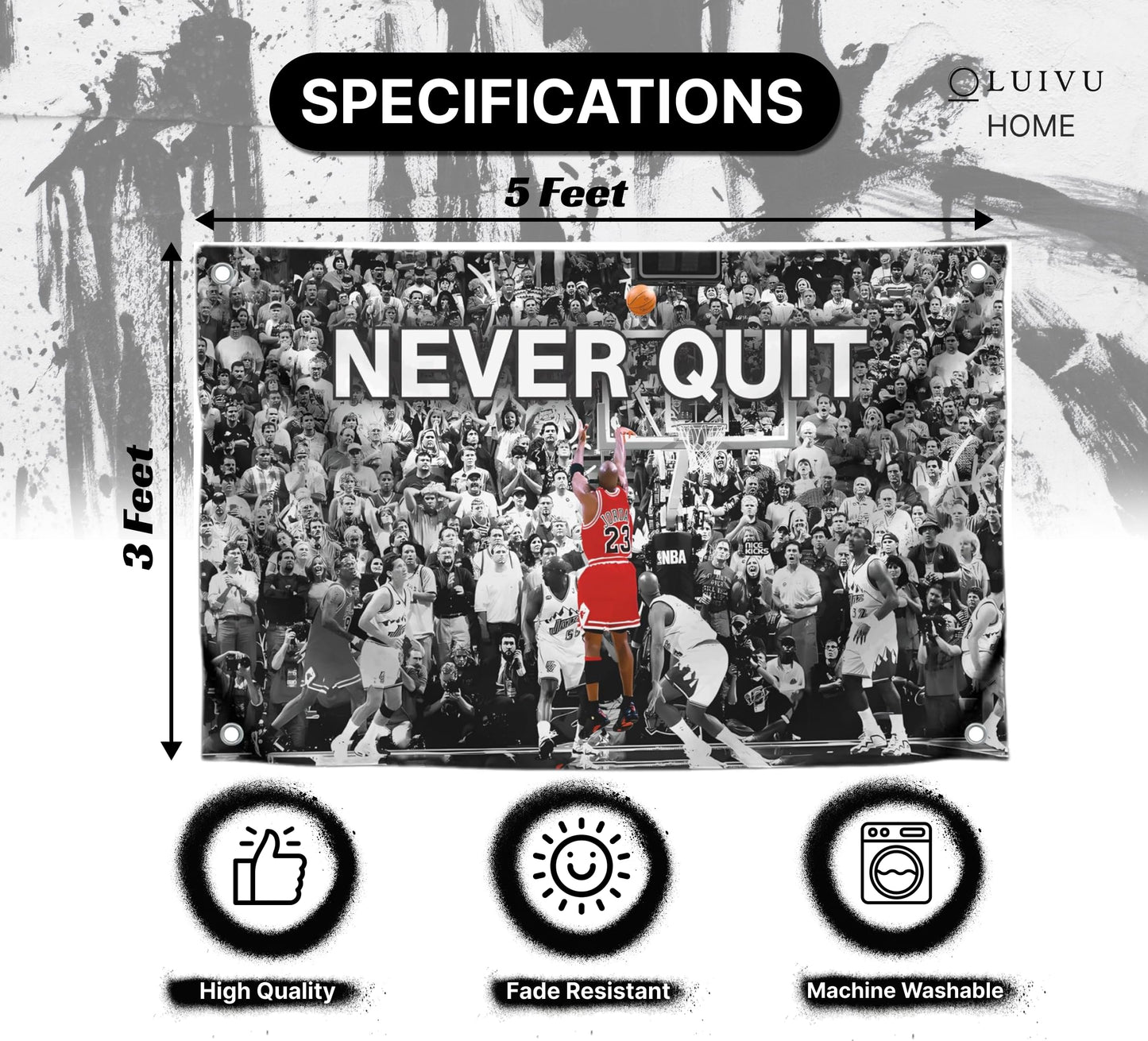 3x5 Feet Never Quit Polyester Flag with Four Brass Grommets - Inspirational Workout Fitness Home Gym Wall Decor - Cool Gym Motivation Basketball Single Sided Poster - Motivational Wall Art Decorations
