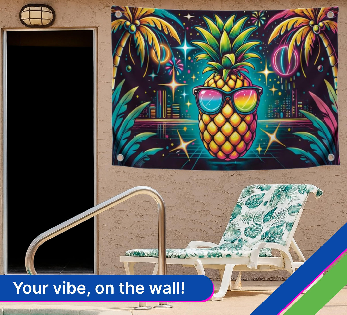 3x5 Feet Single Sided Flag with Four Brass Grommets - Neon Pineapple with Sunglasses - Tropical Night City Polyester Banner - Party Flag for Summer Vibes - Fun Poster for Beach Celebrations