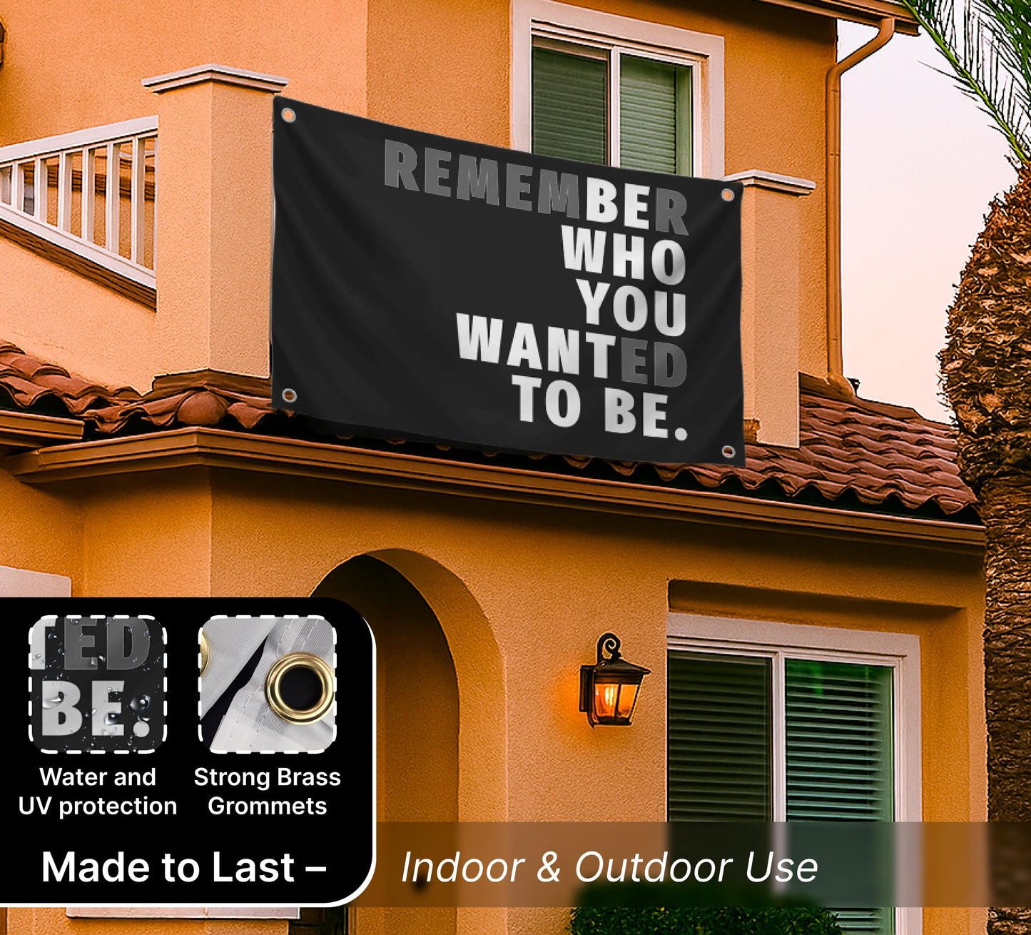 3x5 Feet Black Quoted Polyester Flag Remember Who You Wanted To Be with Four Brass Grommets - Be Who You Want To Be Quote Wall Banner - Black Posters for Man Cave - Motivational Wall Art for Bedroom