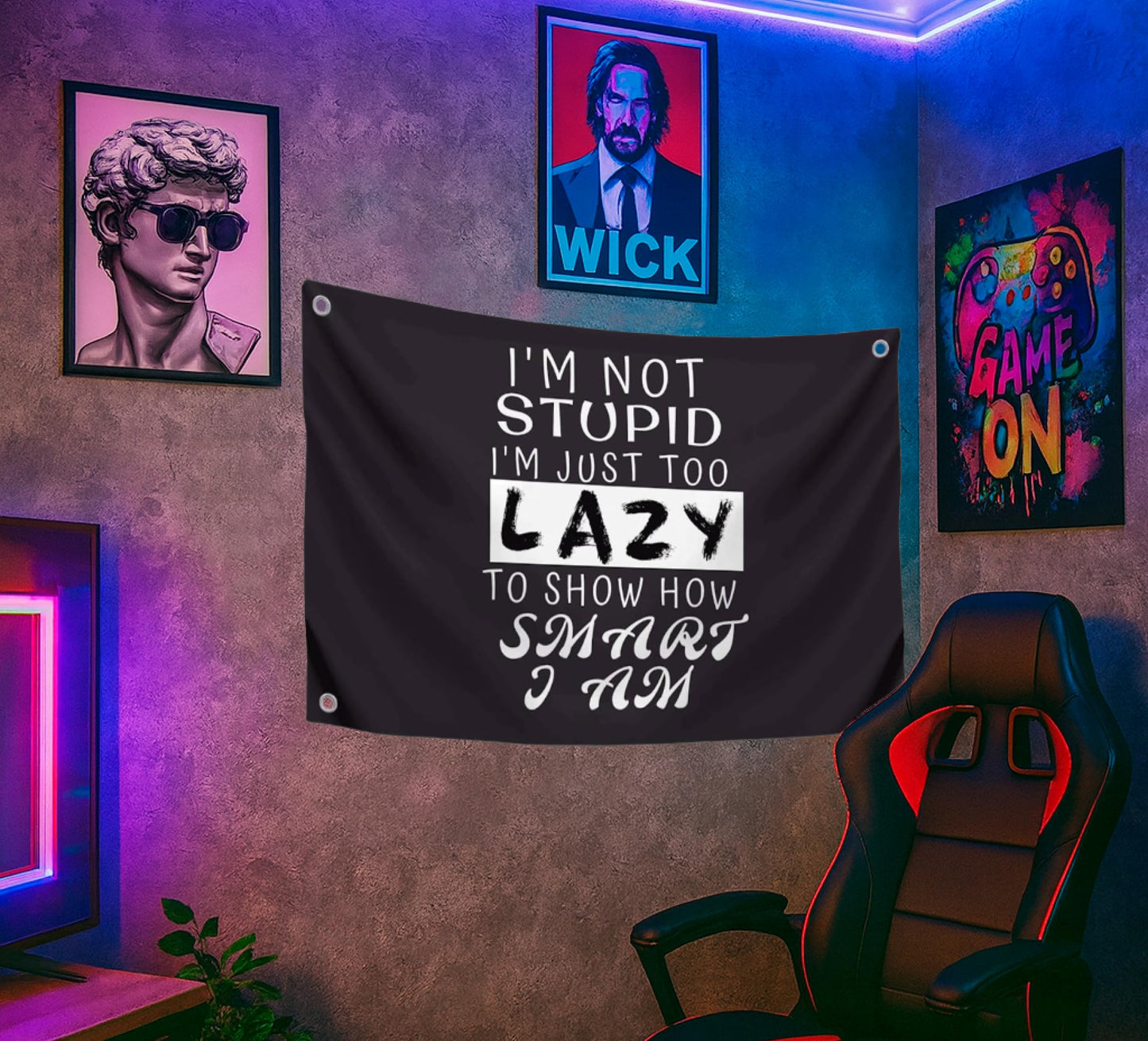 3x5 Feet Funny Quoted Polyester Flag I'm Not Stupid I'm Just Too Lazy To Show How Smart I Am with Four Brass Grommets - Funny Man Cave Wall Flag Decoration for College Dorm Room - Tapestry Party Decor