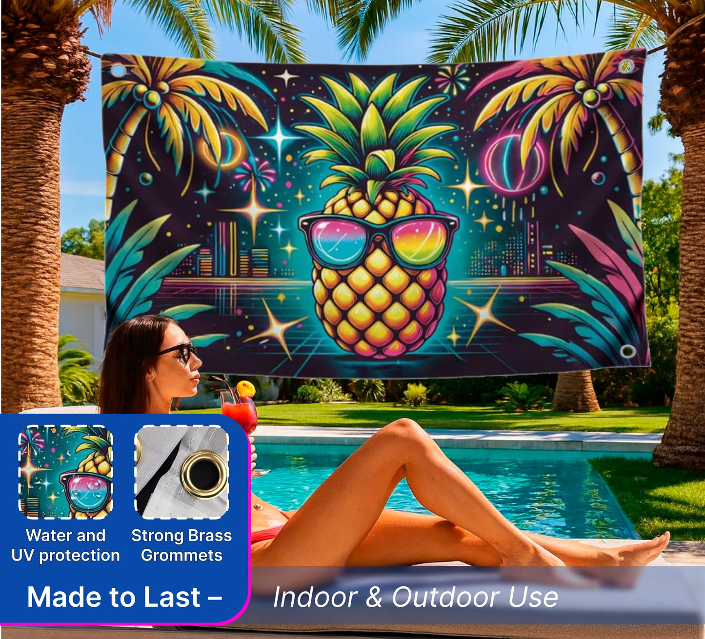 3x5 Feet Single Sided Flag with Four Brass Grommets - Neon Pineapple with Sunglasses - Tropical Night City Polyester Banner - Party Flag for Summer Vibes - Fun Poster for Beach Celebrations