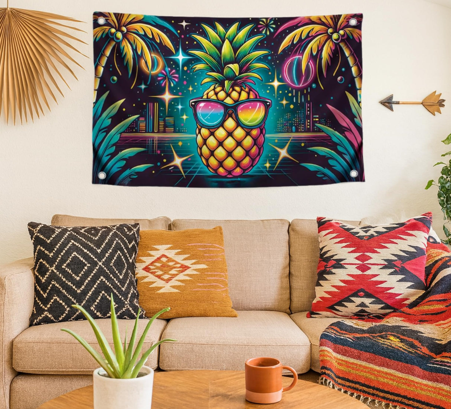 3x5 Feet Single Sided Flag with Four Brass Grommets - Neon Pineapple with Sunglasses - Tropical Night City Polyester Banner - Party Flag for Summer Vibes - Fun Poster for Beach Celebrations